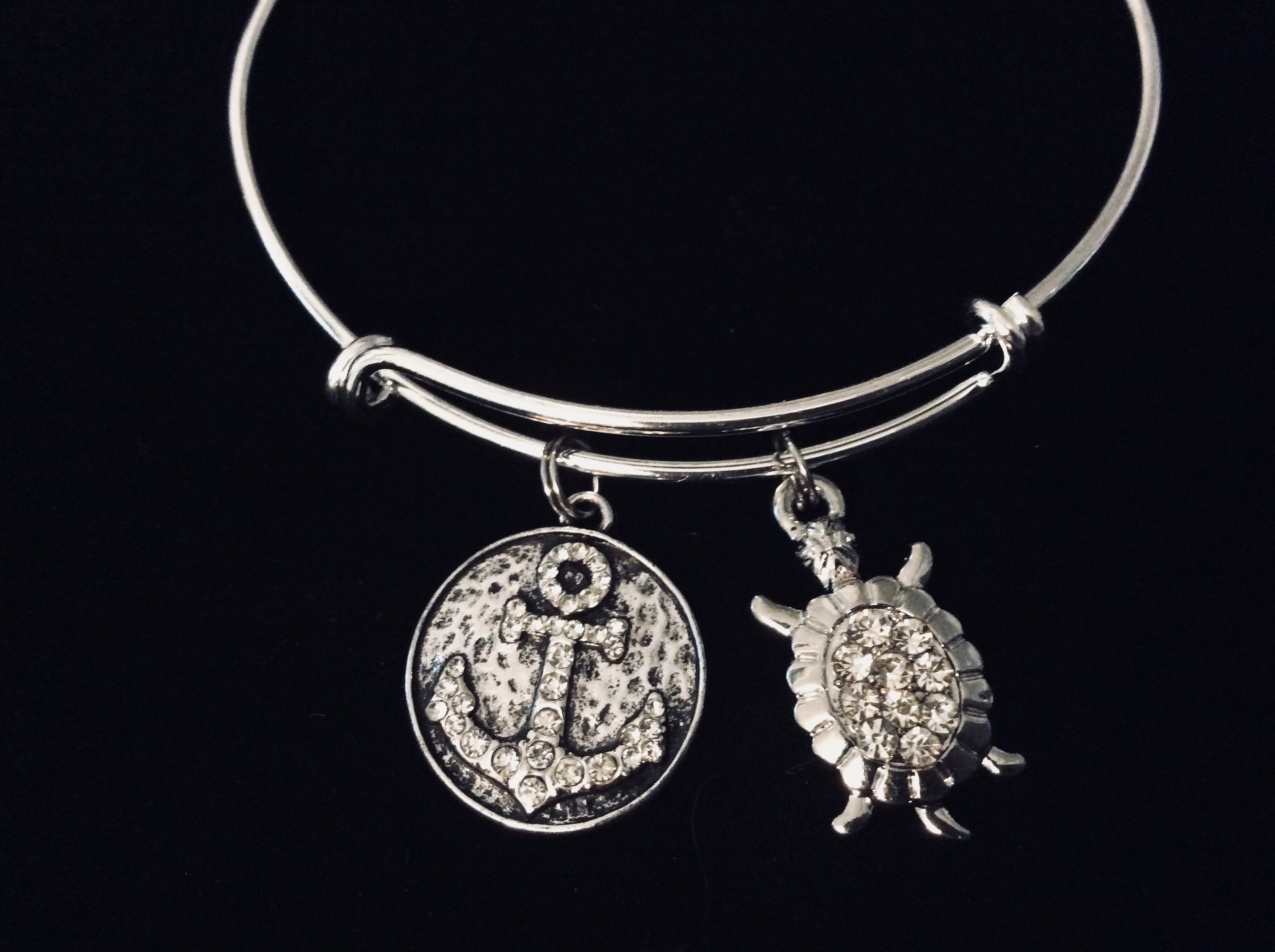 Crystal Anchor with Turtle Adjustable Bracelet Expandable Charm Bangle Ocean Nautical Vacation Jewel