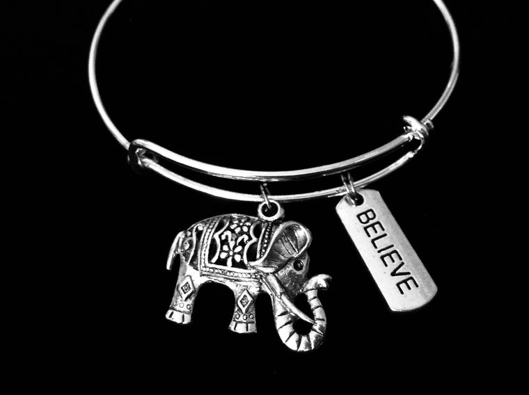 Believe Elephant Jewelry Expandable Charm Bracelet Adjustable Silver Bangle Inspirational Gift One Size Fits All