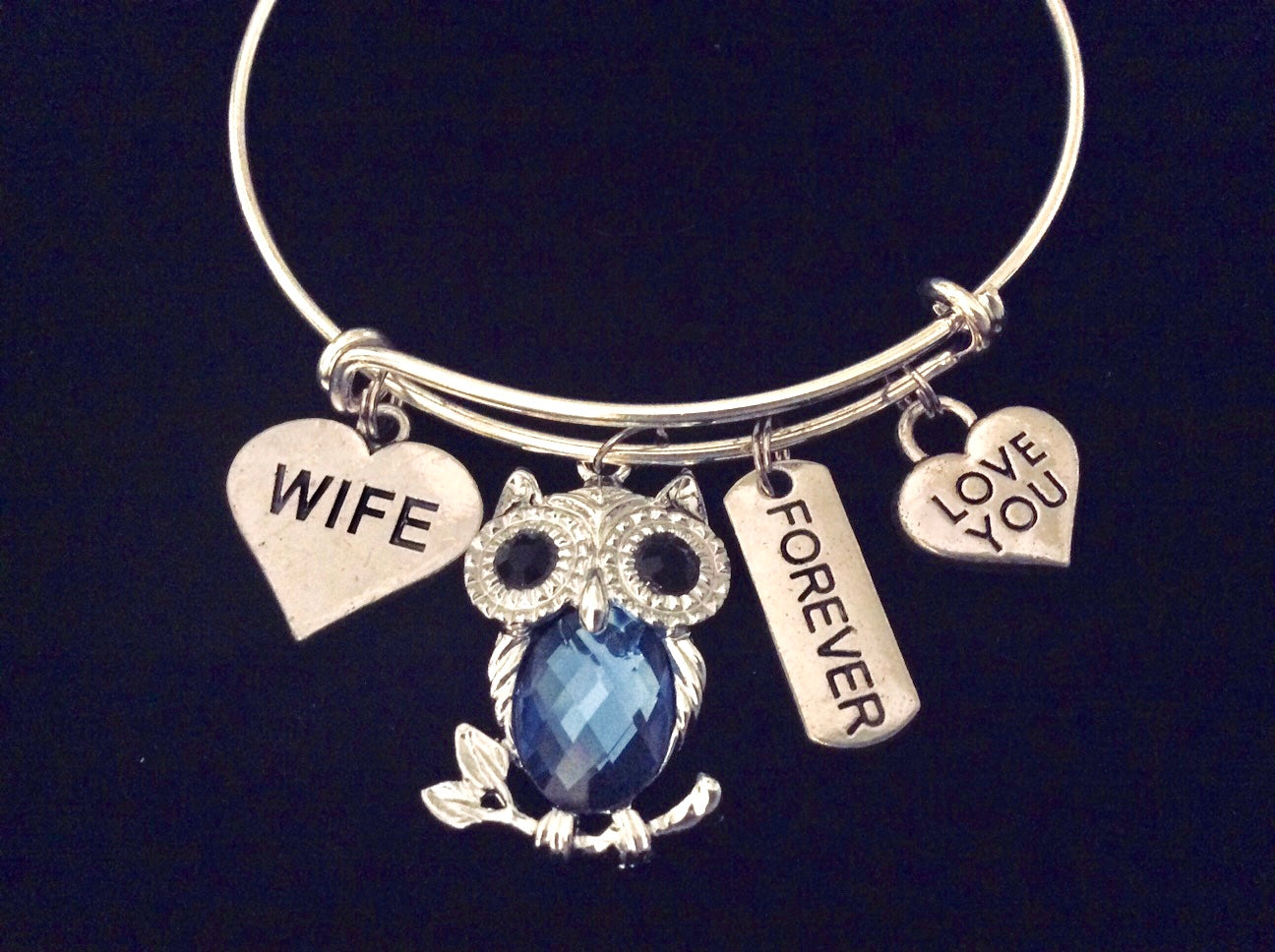 Wife Owl Forever Love You Expandable Charm Bracelet Silver Adjustable Bangle One Size Fits All Gift 