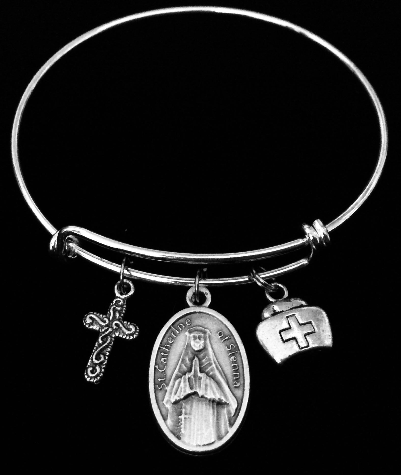 Saint Catherine of Sienna Nurse Hat Cross Expandable Charm Bracelet Silver Adjustable Wire Bangle Ca