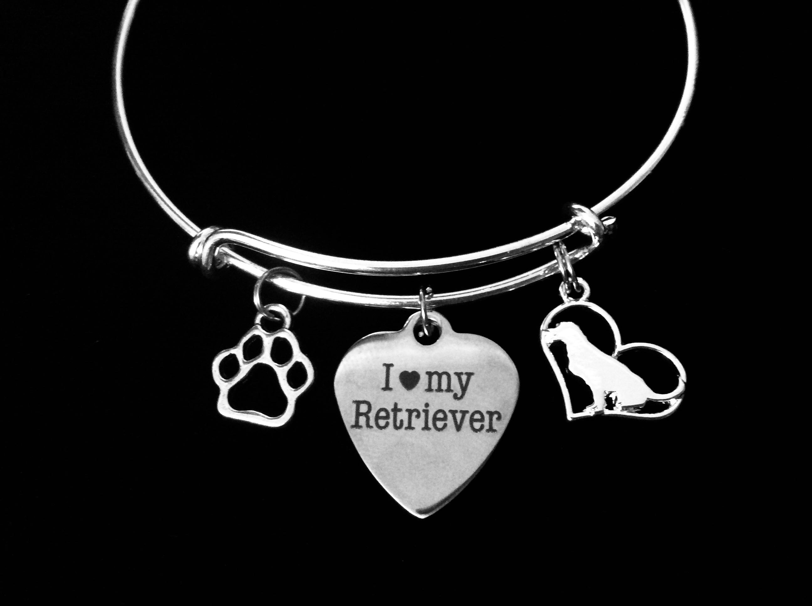 Retriever Jewelry I Love My Retriever Dog Expandable Charm Bracelet Silver Adjustable Wire Bangle La