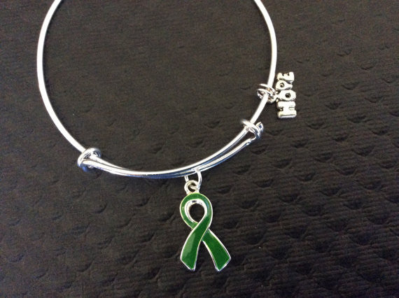 Green Awareness Ribbon Expandable Charm Bracelet Adjustable Bangle Gift (Other Awareness Ribbons Ava