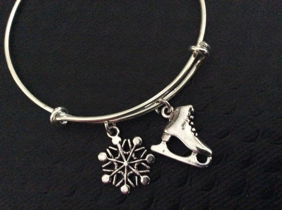 Ice Skating with Snowflake Charm on Expandable Adjustable Wire Bangle Bracelet Skaters Gift Unique