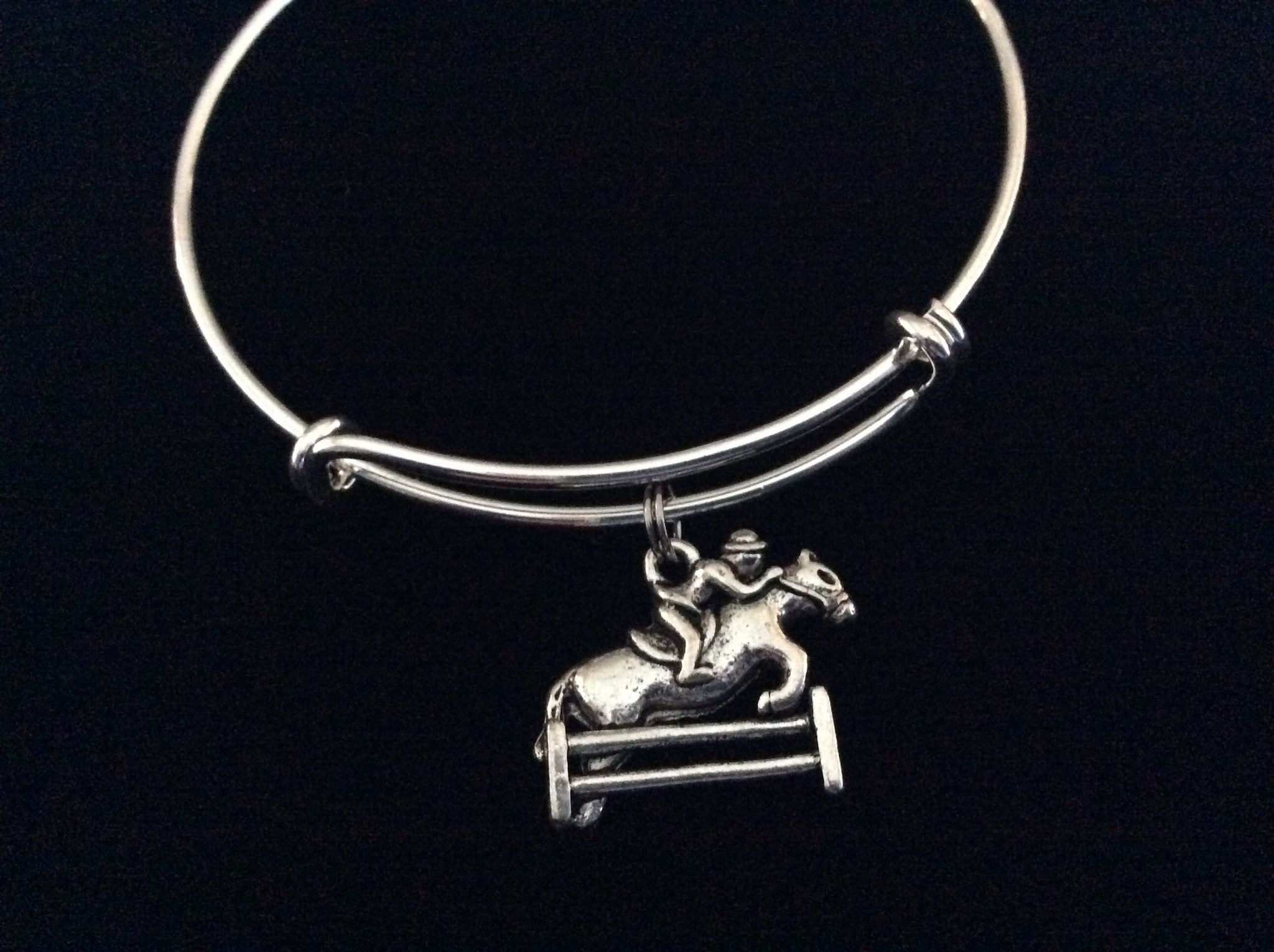 Equestrian Horse Silver Wire Expandable Bracelet Adjustable Bangle Horse and Rider Jockey Horse Race