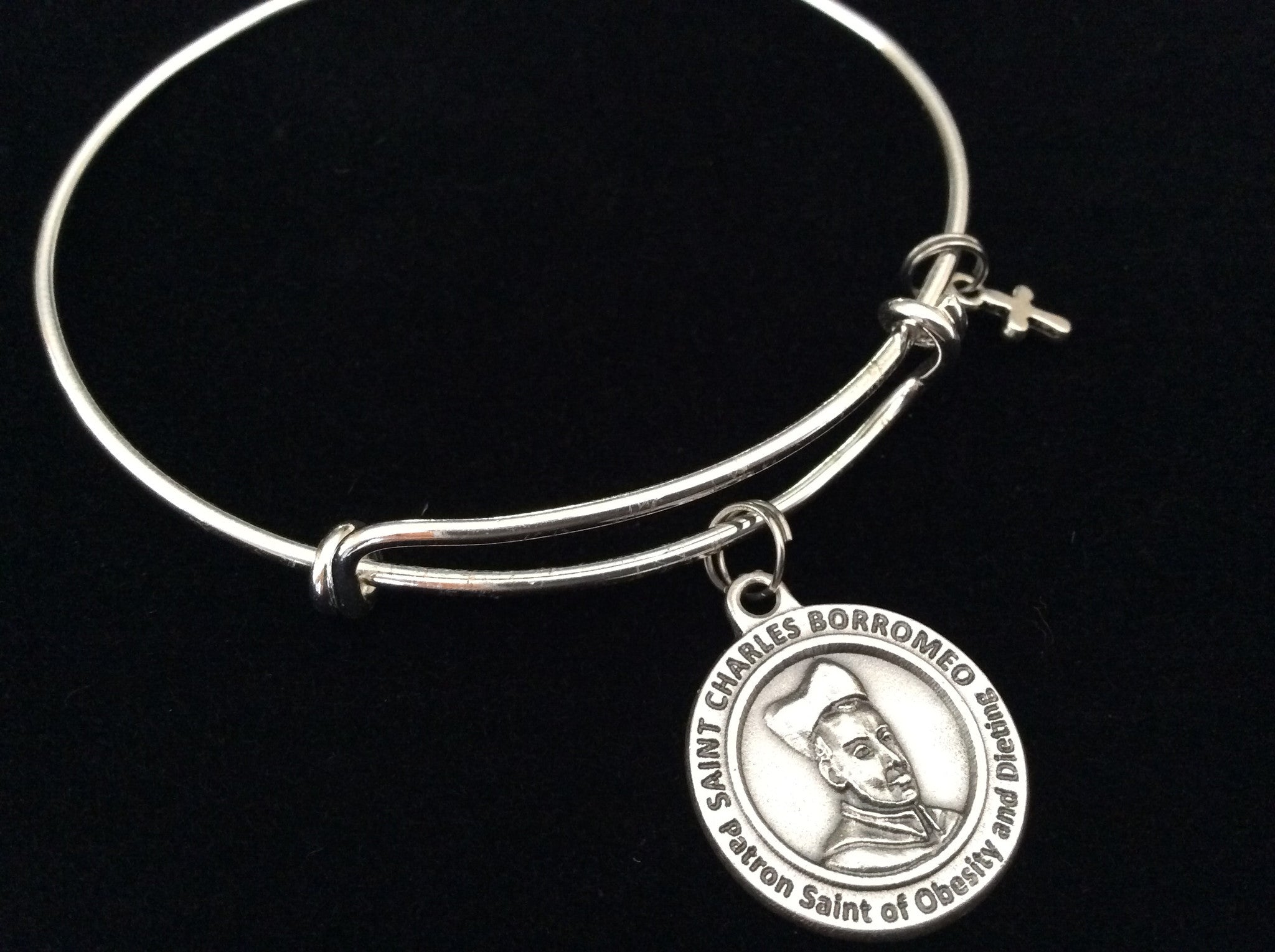 Saint Borromeo Medal Silver Expandable Charm Bracelet Double Sided Adjustable Wire Bangle Stacking T