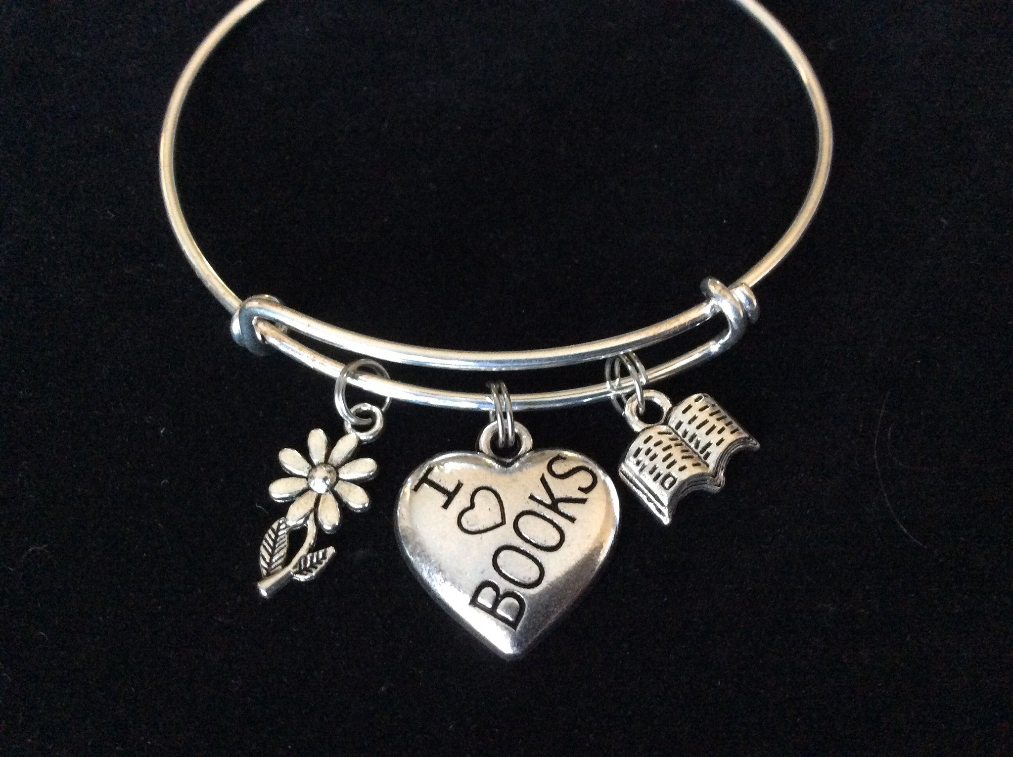 Silver I Love Books Charm with Book and Daisy on Expandable Bracelet Handmade Adjustable Silver Wire