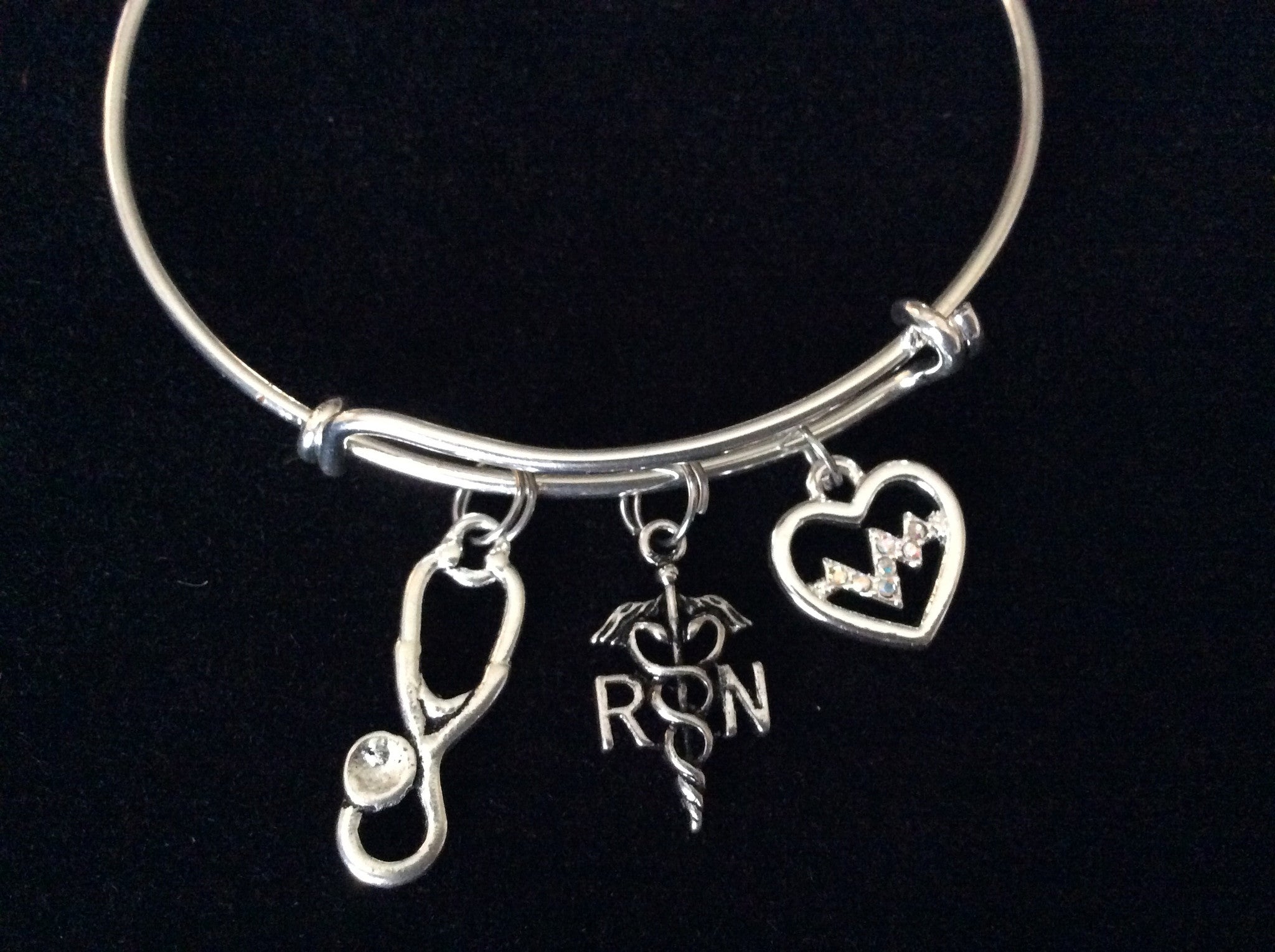 Heartbeat Registered Nurse RN Expandable Silver Bracelet Bangle Medical Occupational Charm Trendy