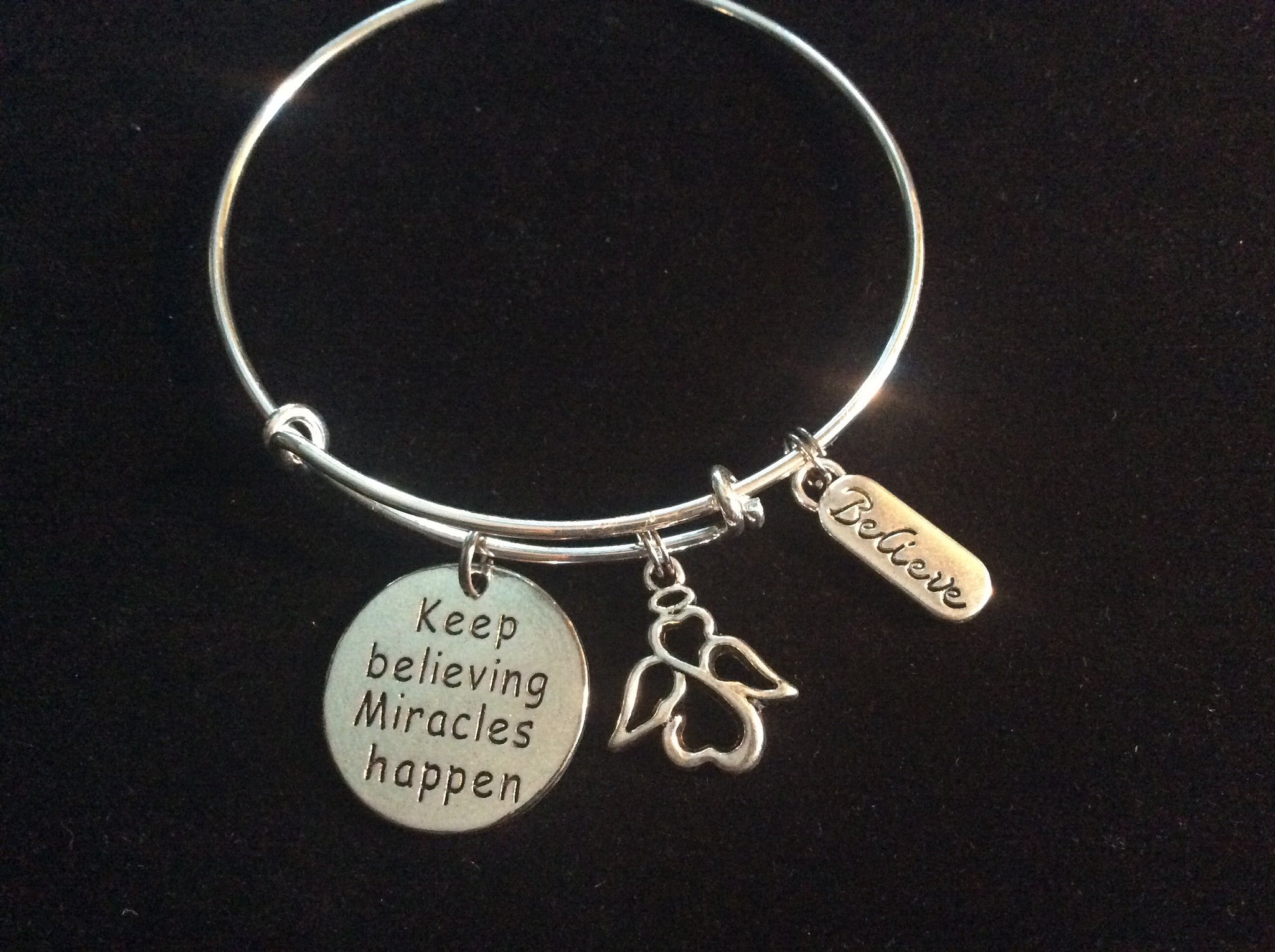 Keep Believing Miracles Happen Angel Charm on a Silver Adjustable Expandable Bangle Bracelet Trendy 