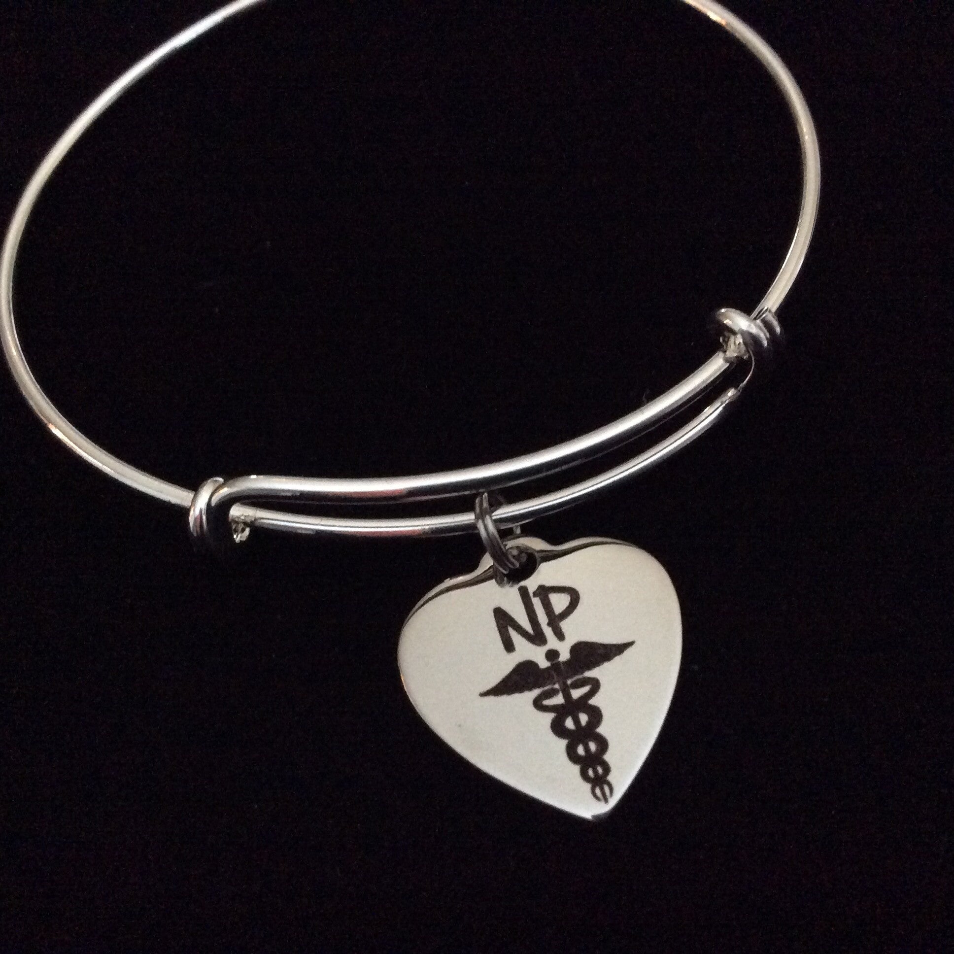 NP Heart Stainless Steel Charm on Silver Bracelet Expandable Adjustable Wire Bangle Nurse Practition