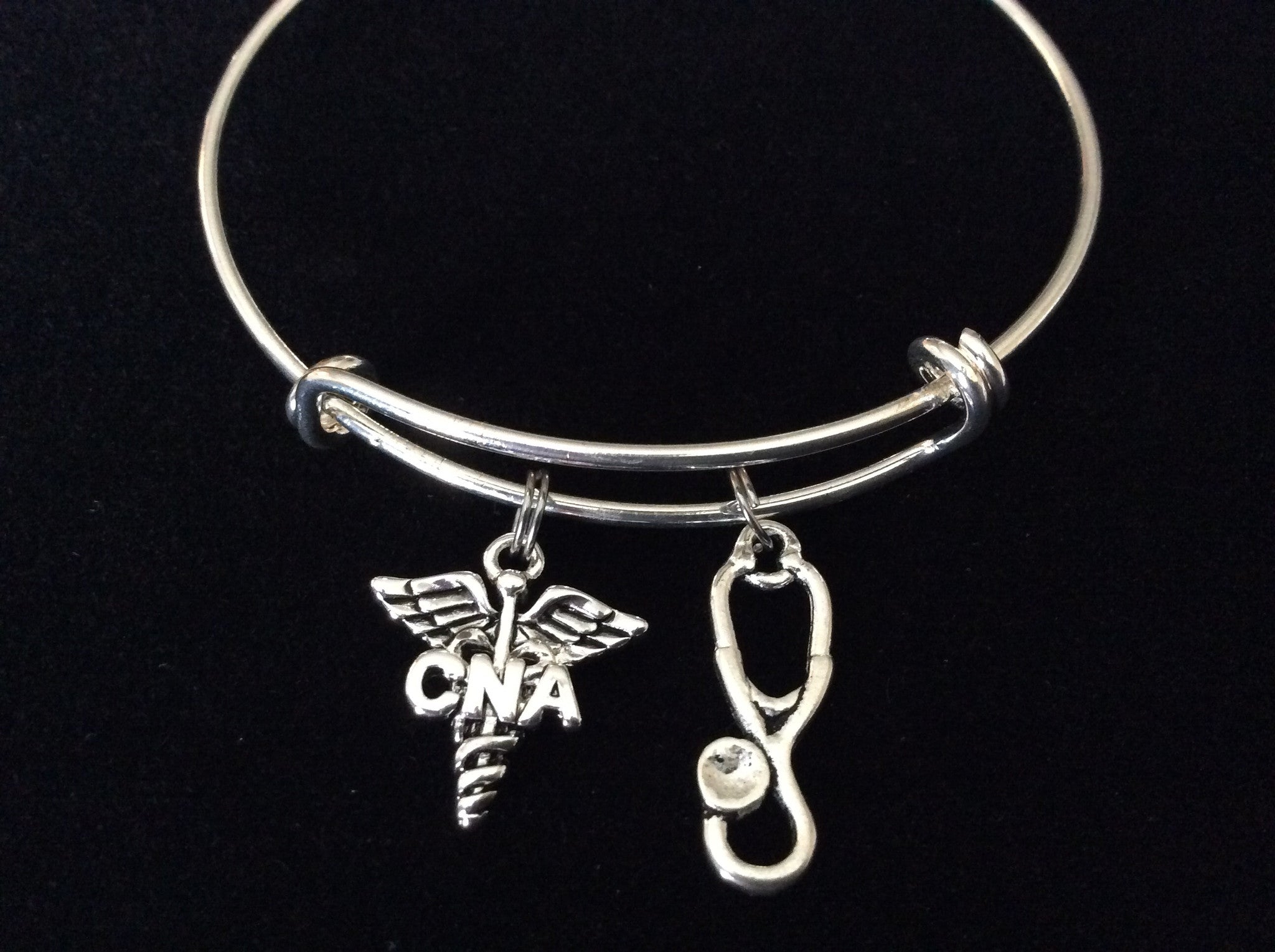 CNA ~ Certified Nurse Assistant Silver Charm Bangle Bracelet Expandable and Adjustable to of one siz