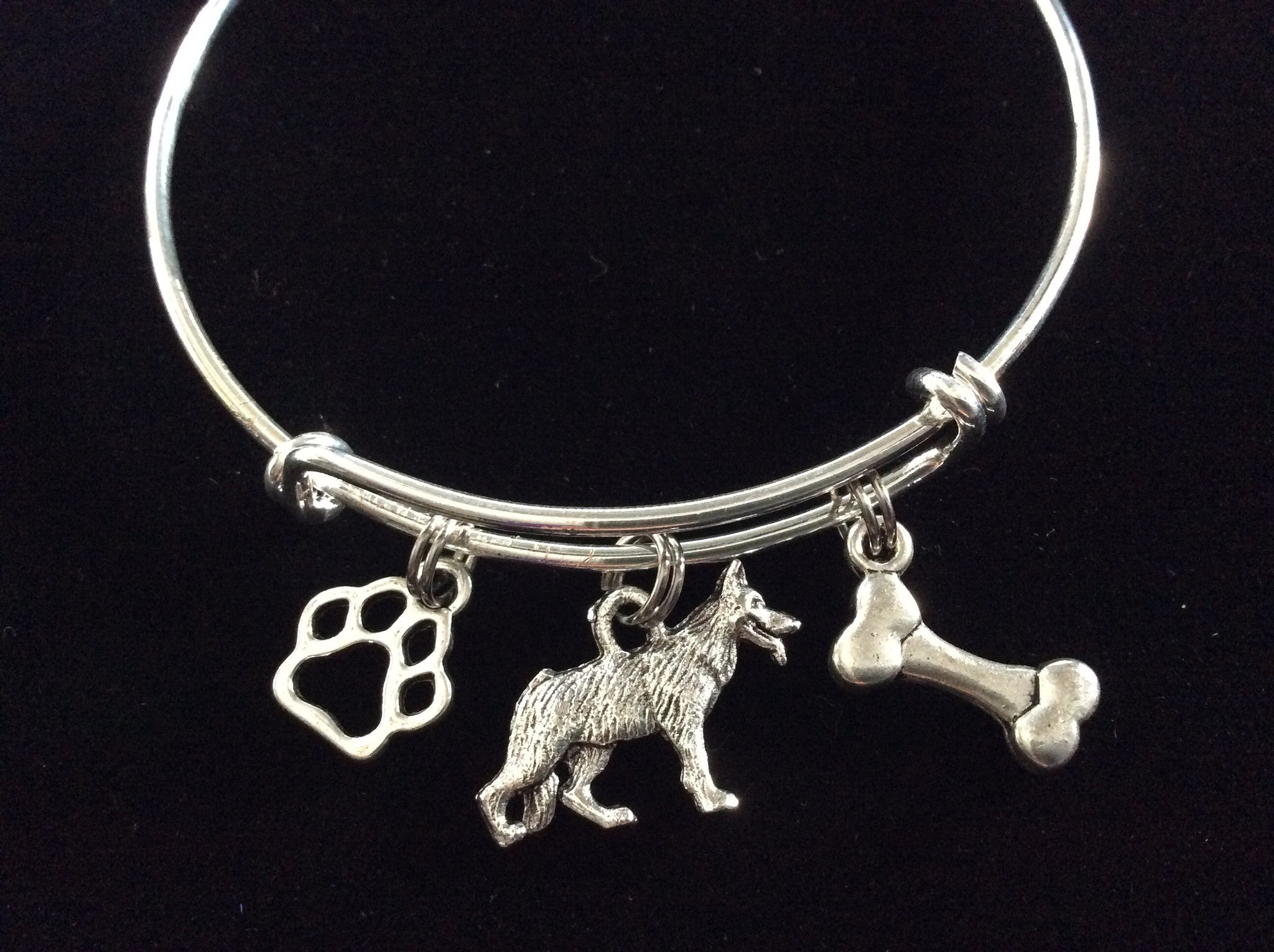 German Shepherd Dog Charm on a Silver Expandable Adjustable Bangle Bracelet Meaningful Dog Lover Gif