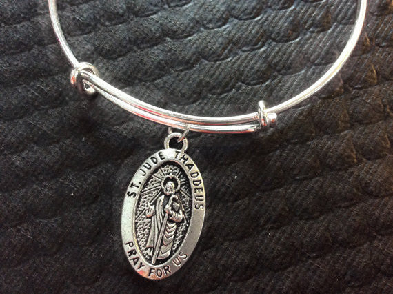 Saint Jude Patron Saint of Hopeless Cases and Lost Causes Silver Expandable Bangle Double Sided Adju