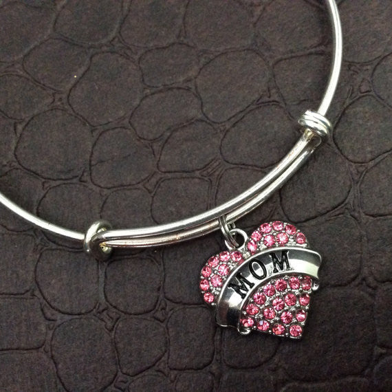 Pink Mom Crystal Heart Charm Silver Bracelet on Expandable Adjustable Wire Bangle Handmade Mother Tr