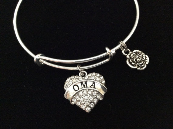 Oma Crystal Heart Charm Silver Bracelet on Expandable Adjustable Wire Bangle Grandmother Handmade Gr