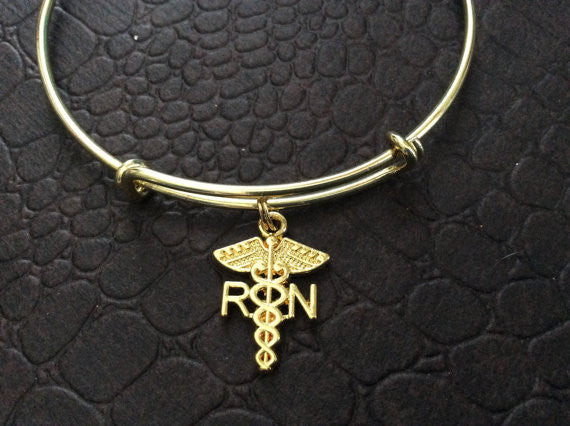 RN Caduceus Charm Bracelet Gold Bangle Expandable Wire Gift Medical Nurse Handmade in USA Trendy