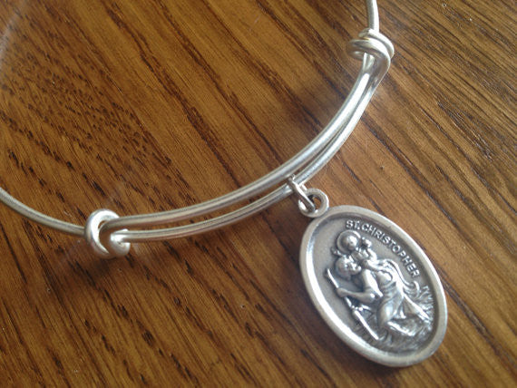 Patron Saint of Traveler Saint Christopher Silver Expandable Bangle Double Sided Adjustable Bracelet