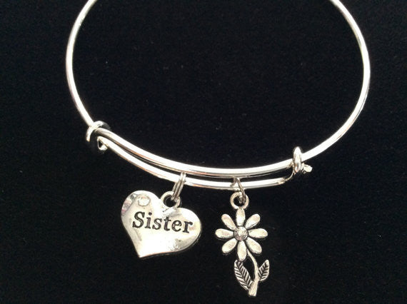 Sister Heart Charm Bracelet Silver Adjustable Expandable Bangle Trendy Handmade Trendy Family Stacki