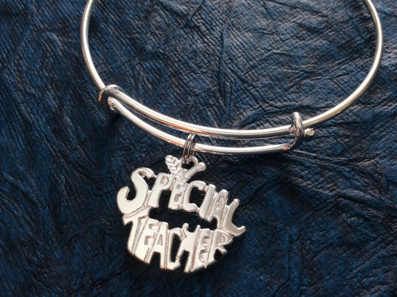 Special Teacher Silver Charm Bracelet Wire Bangle Adjustable and Expandable One Size Fits All School