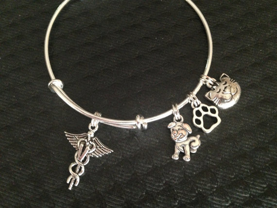 Veterinarian Adjustable Expandable Silver Plated Bangle Bracelet Animal Doctor Charm Bracelet Jewelr