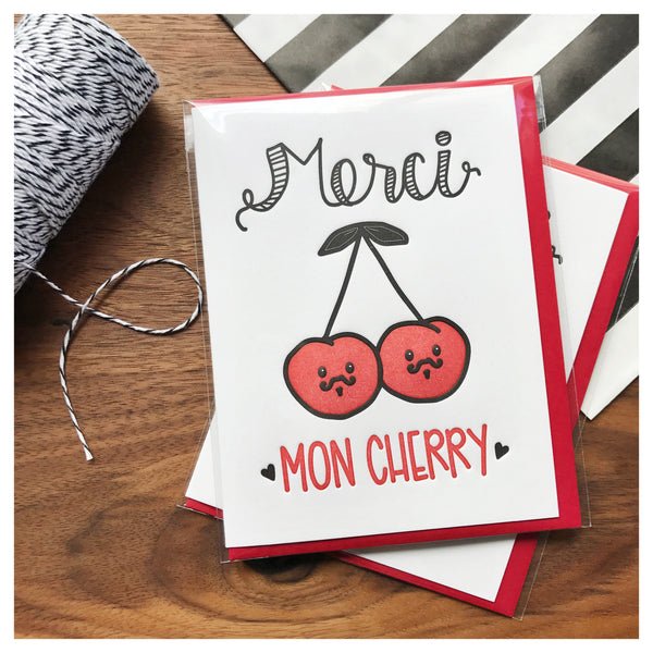 Funny Punny Thank You Letterpress Card | Merci Mon Cherry | French Pun ...