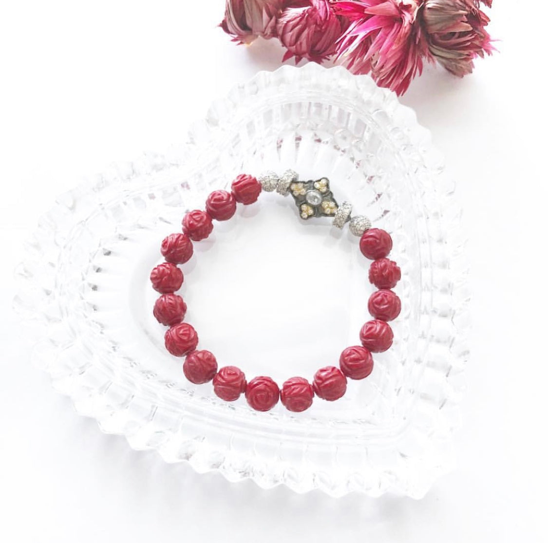 Carved Rose Coral .925 SS Bracelet