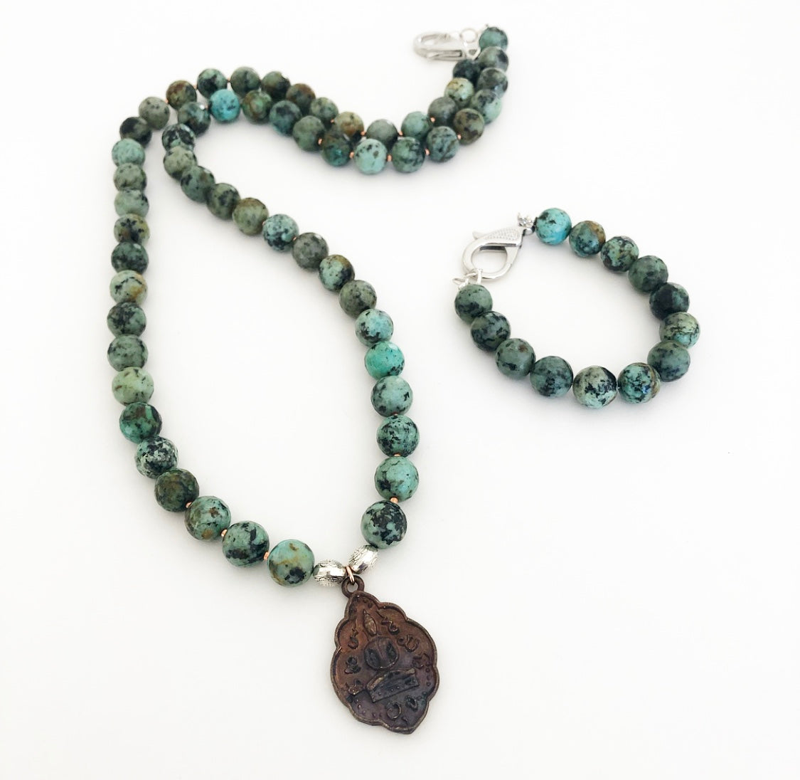 African Turquoise Copper Buddha Necklace