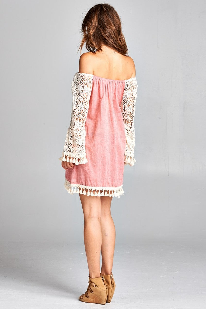 dusty pink off the shoulder crochet hem dress