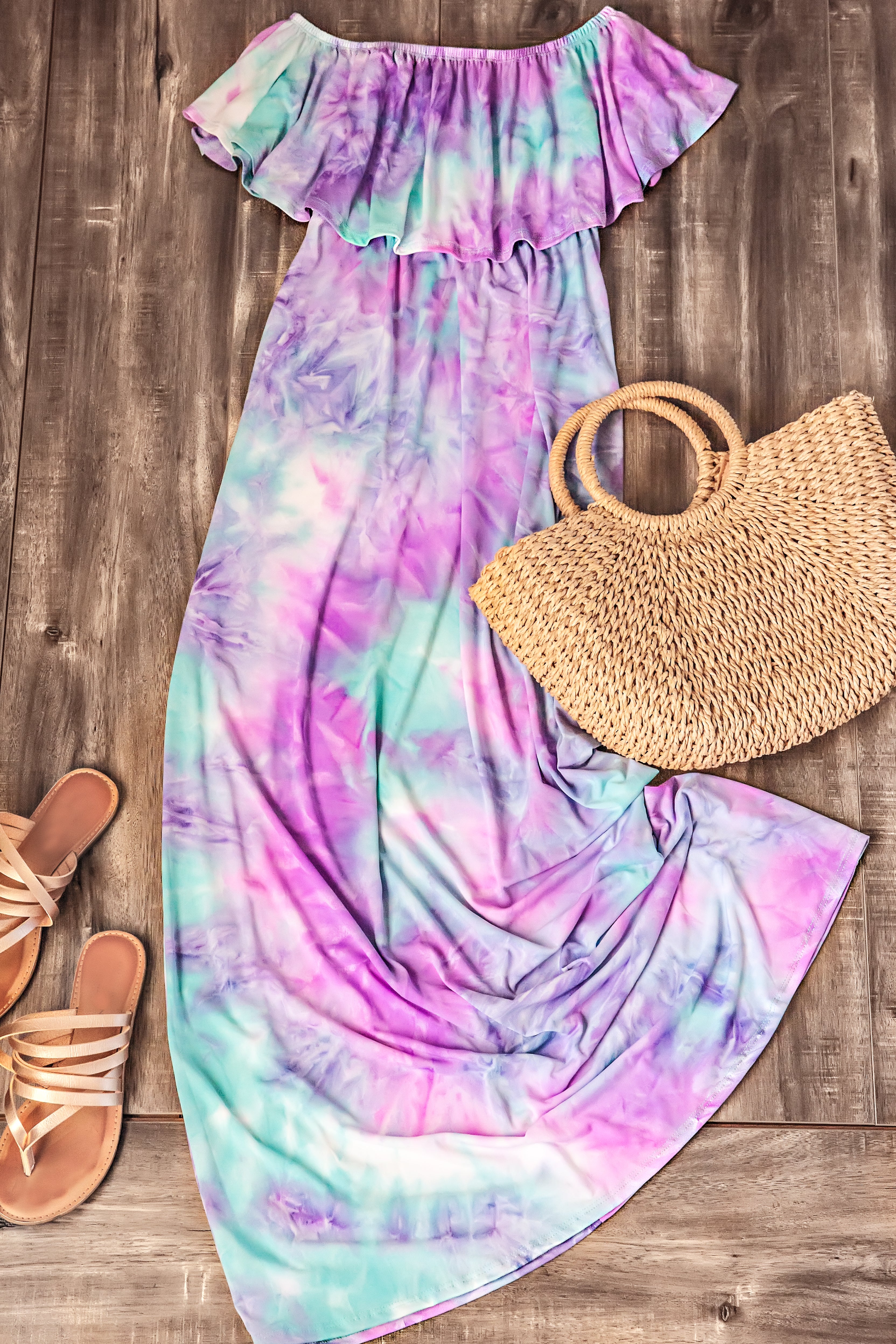 tie dye off the shoulder maxi dress