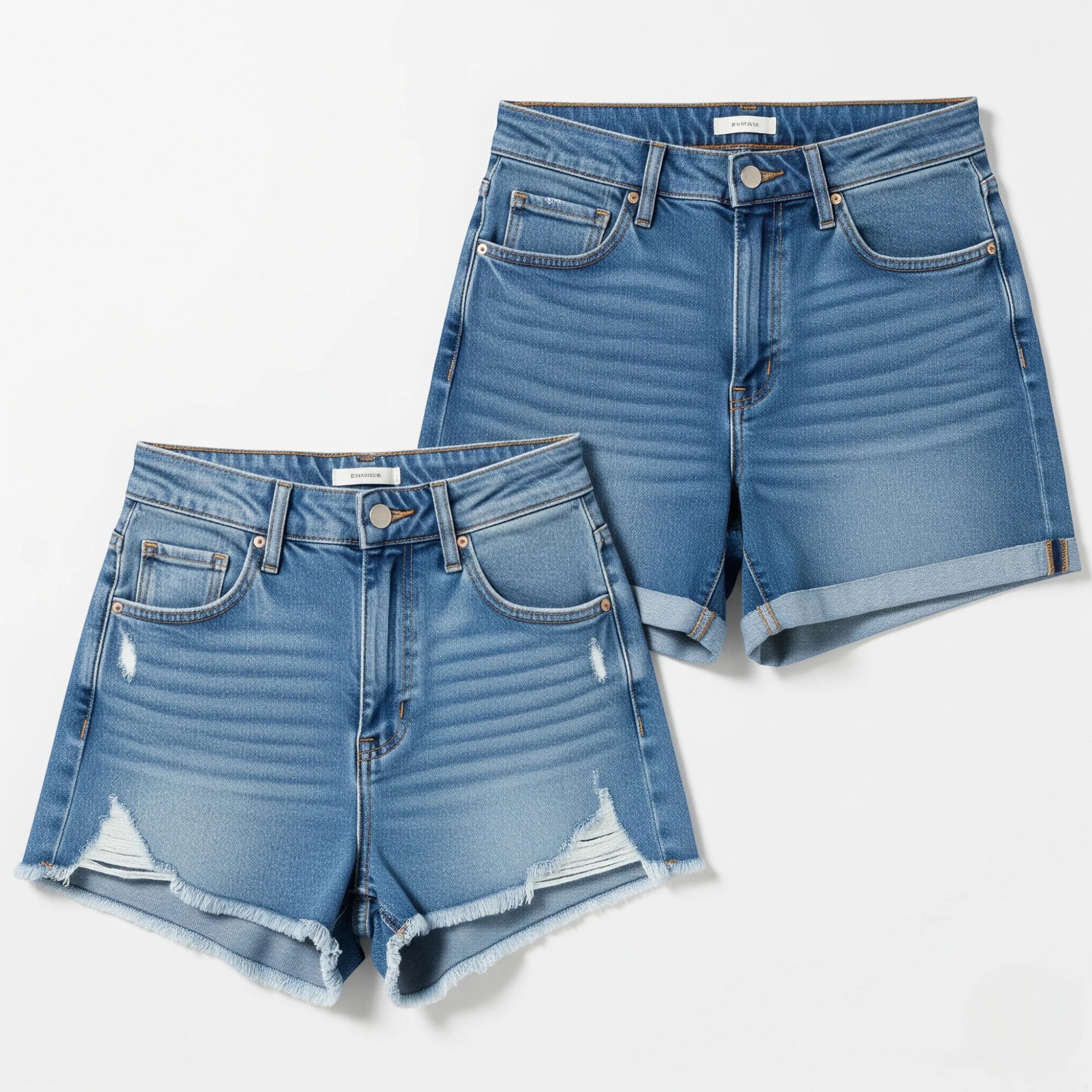 Comparatif des coupes de shorts en jean : taille haute, regular, boyfriend et slim sur fond blanc