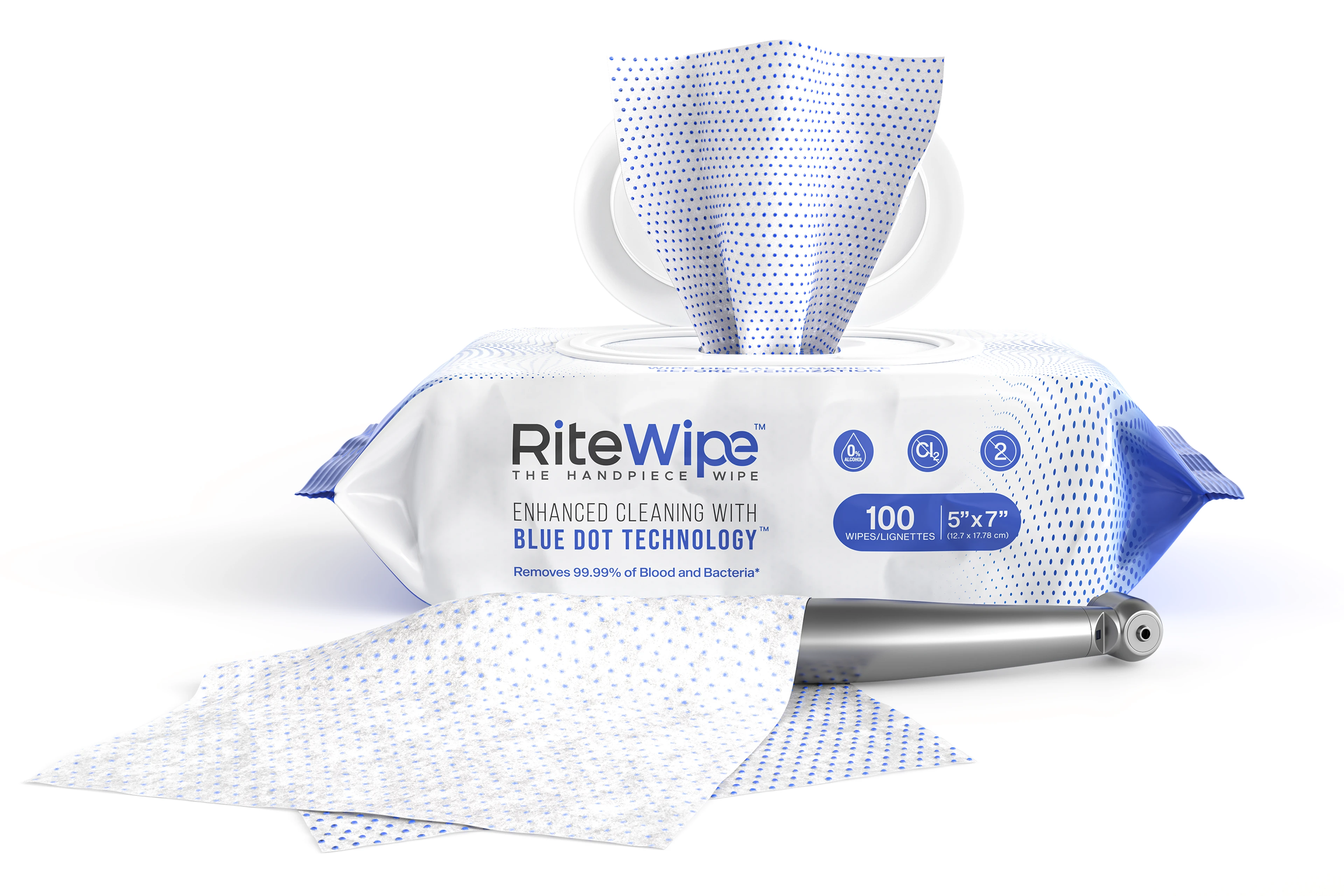 RiteWipe handpiece cleaning wipes package, featuring the product branding 'Enhanced Cleaning with Blue Dot Technology.' The package displays 100 wipes, each measuring 5x7 inches, with one wipe partially pulled out of the pack.