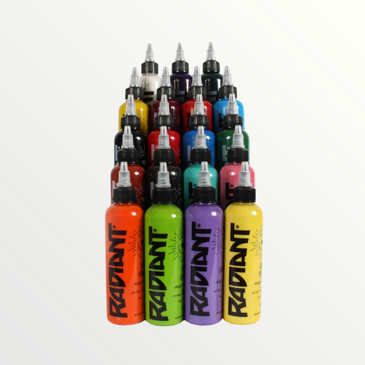 Tattoo Ink Set - Radiant Colors 8 Primary 1oz / Tribal Black/Super  White/Blue/Canary Yellow/Dark Brown/Scarlet Red/Tiger Orange/Medium Green