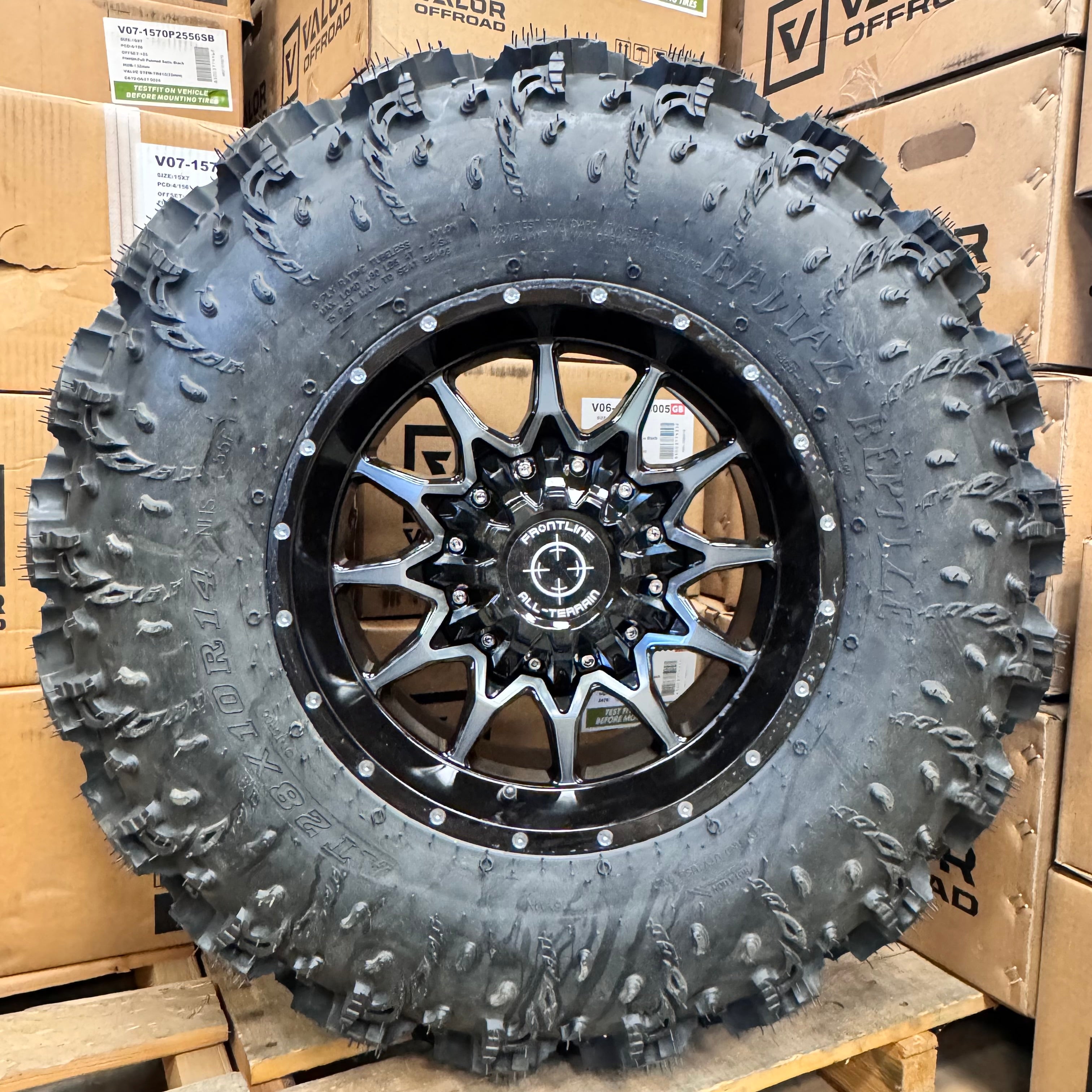 Frontline 762 Gloss Dark Tint 4/156 mounted on Interco Reptile tires Set of 4