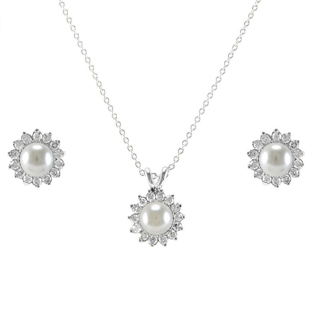 pearl necklace and diamond earrings