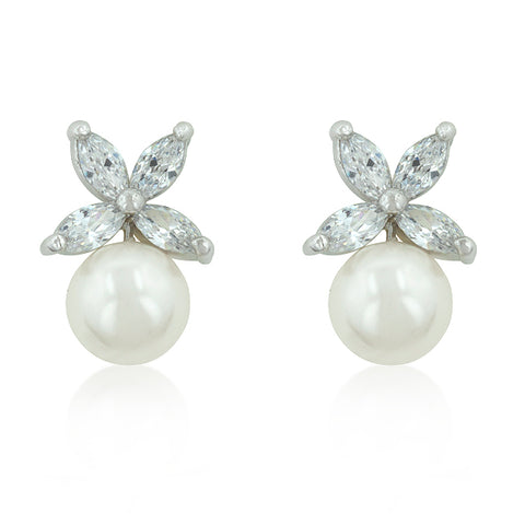 Misty Freshwater Pearl Stud Earrings | Round White Pearl Cubic Zirconia ...