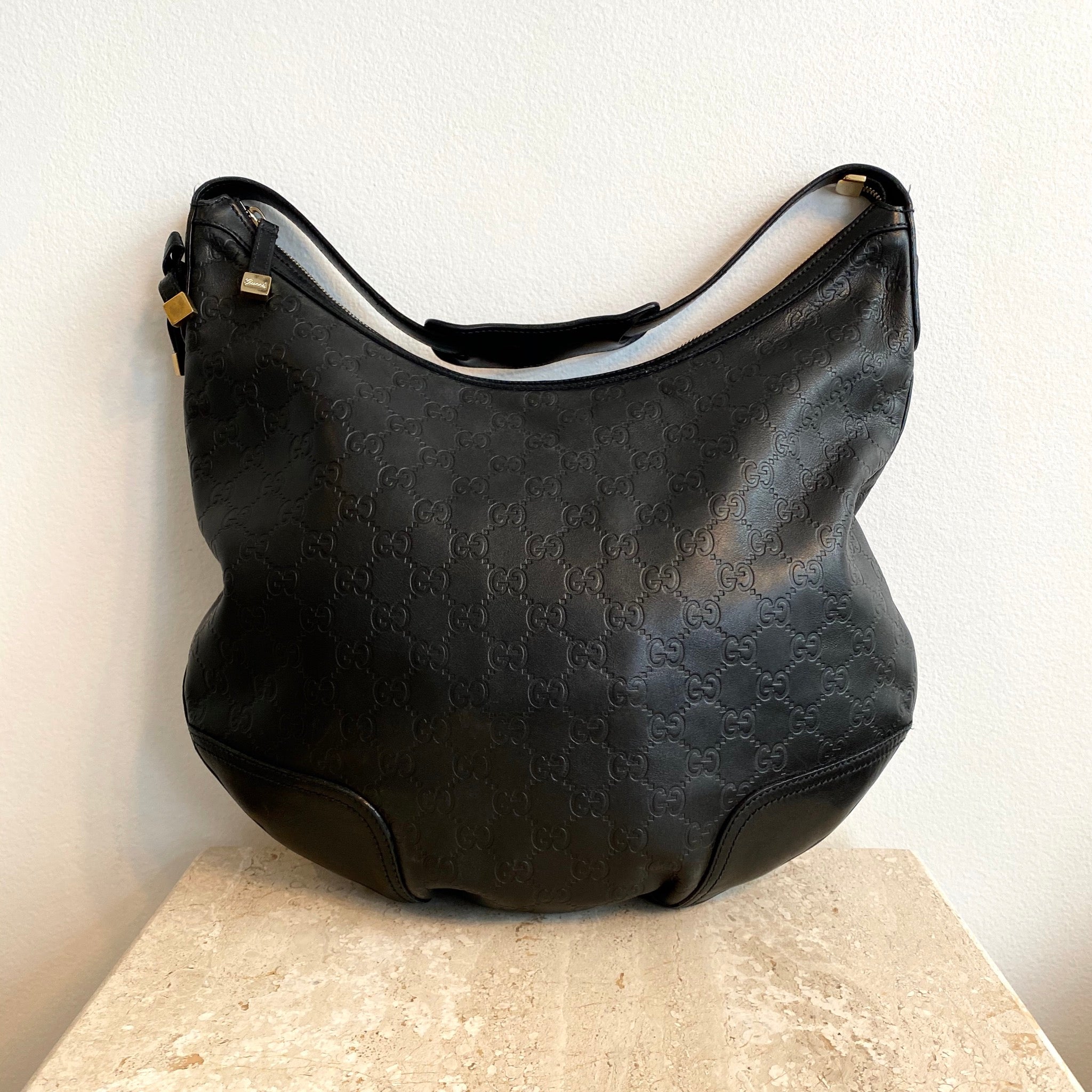 Authentic GUCCI Black Leather Embossed GG Hobo Handbag – Valamode