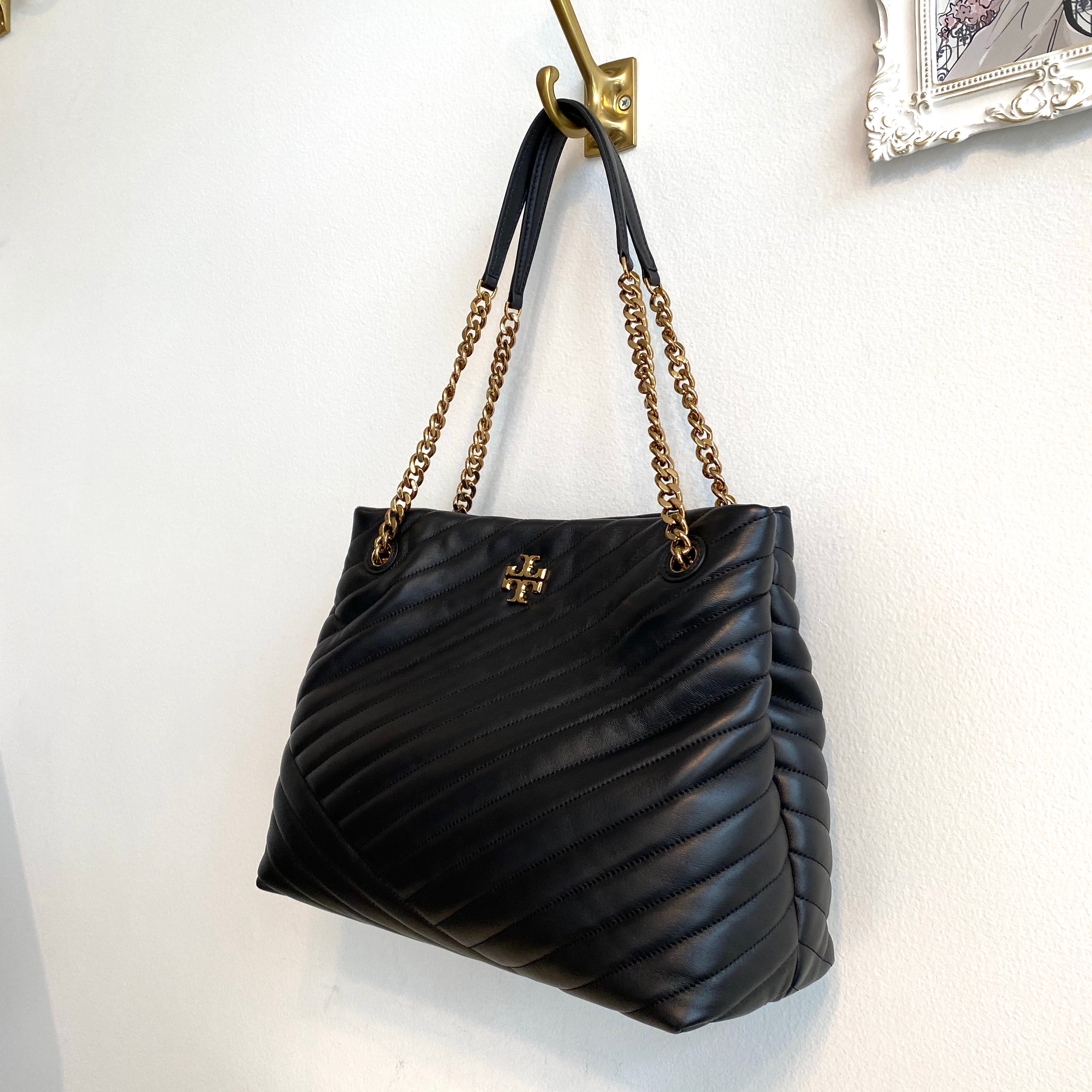 Authentic TORY BURCH Kira Black Leather Chevron Tote – Valamode