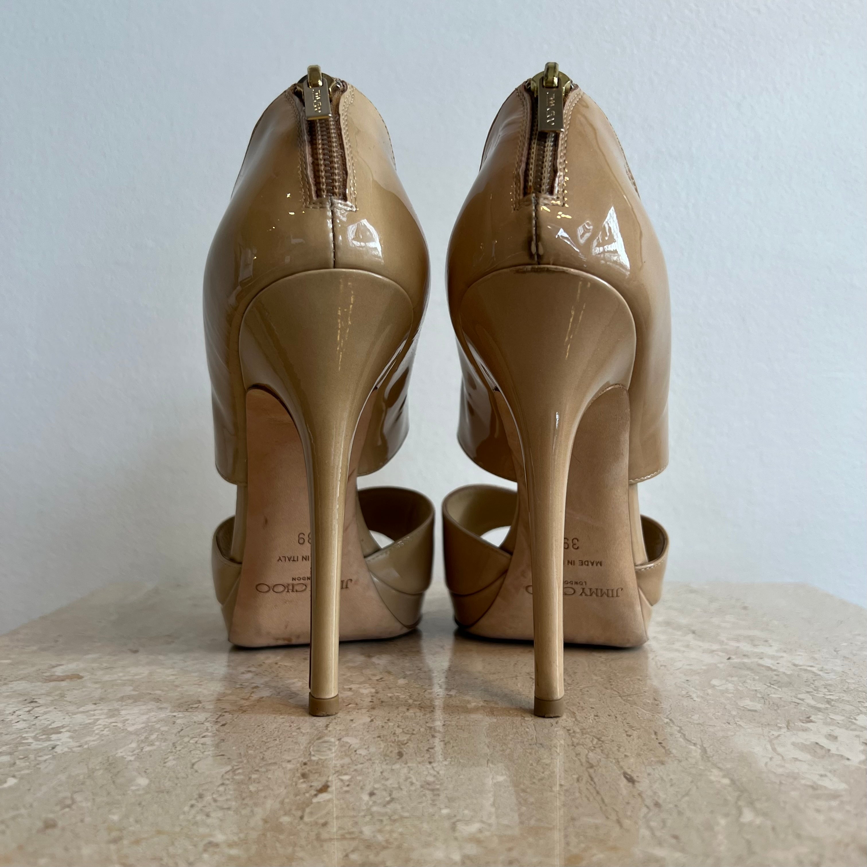 Authentic JIMMY CHOO Nude Patent Full Strap Peep Toe - Size 39