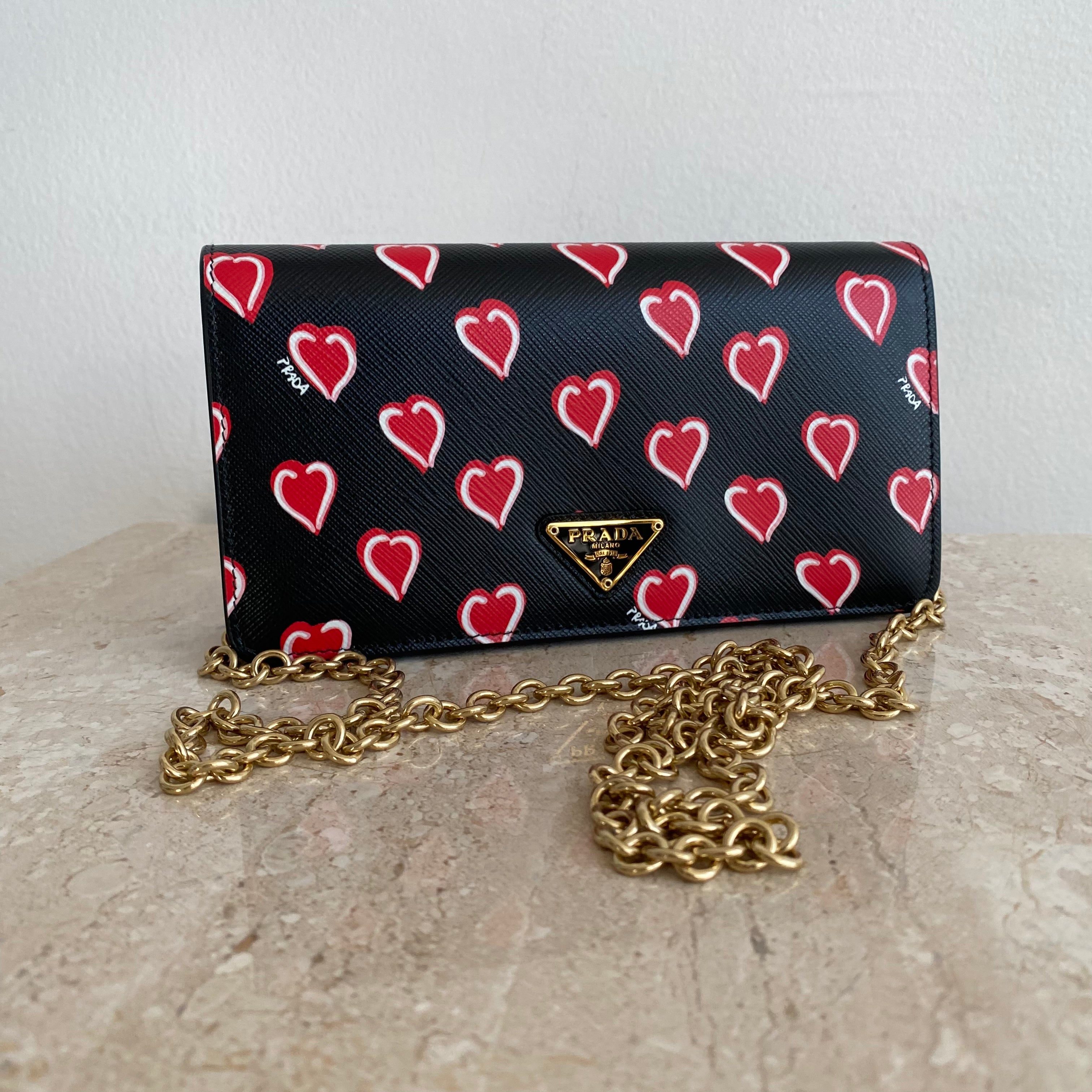 Authentic PRADA Saffiano Heart Print Chain Wallet Black – Valamode