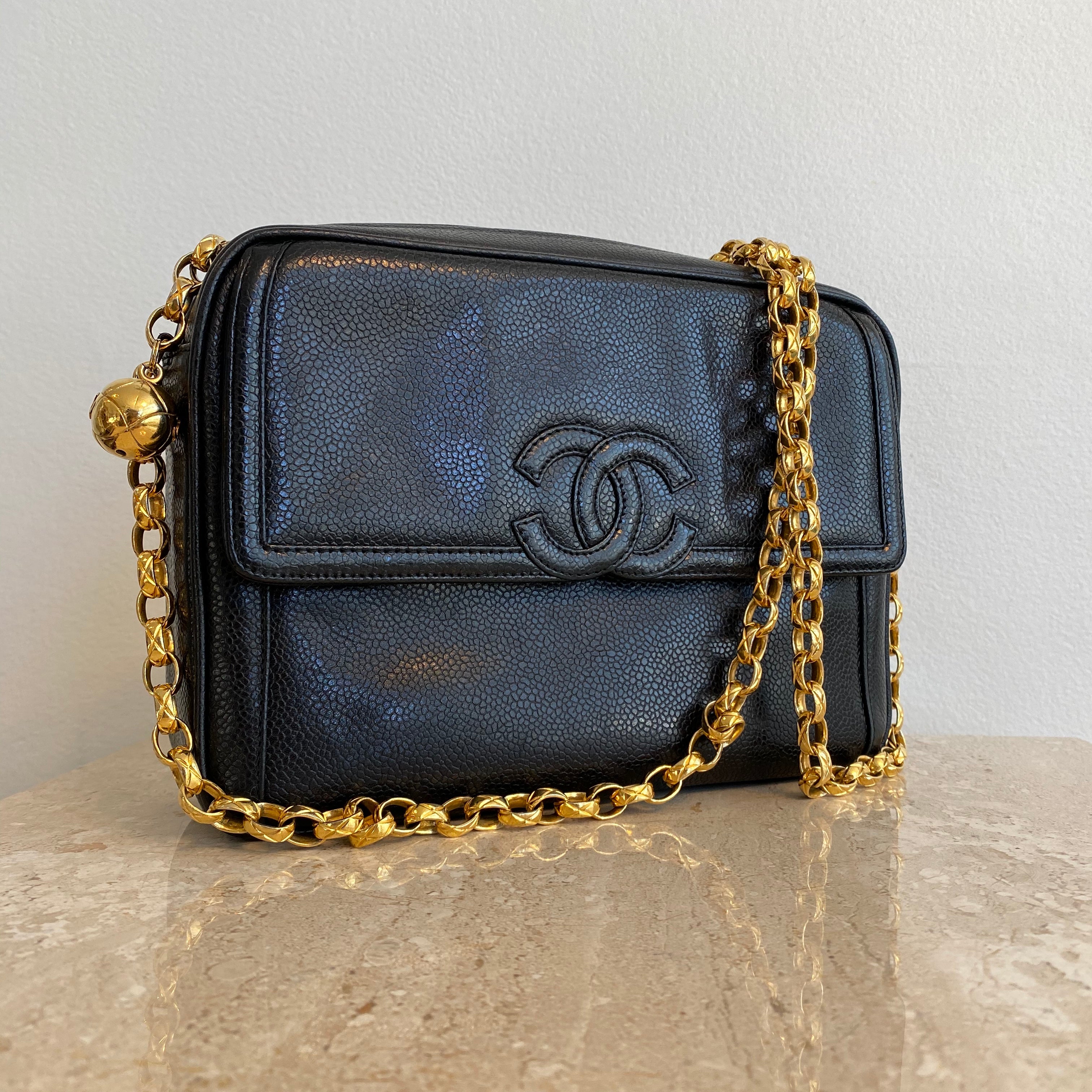 Authentic CHANEL Black Caviar Leather Camera Flap Bag Valamode