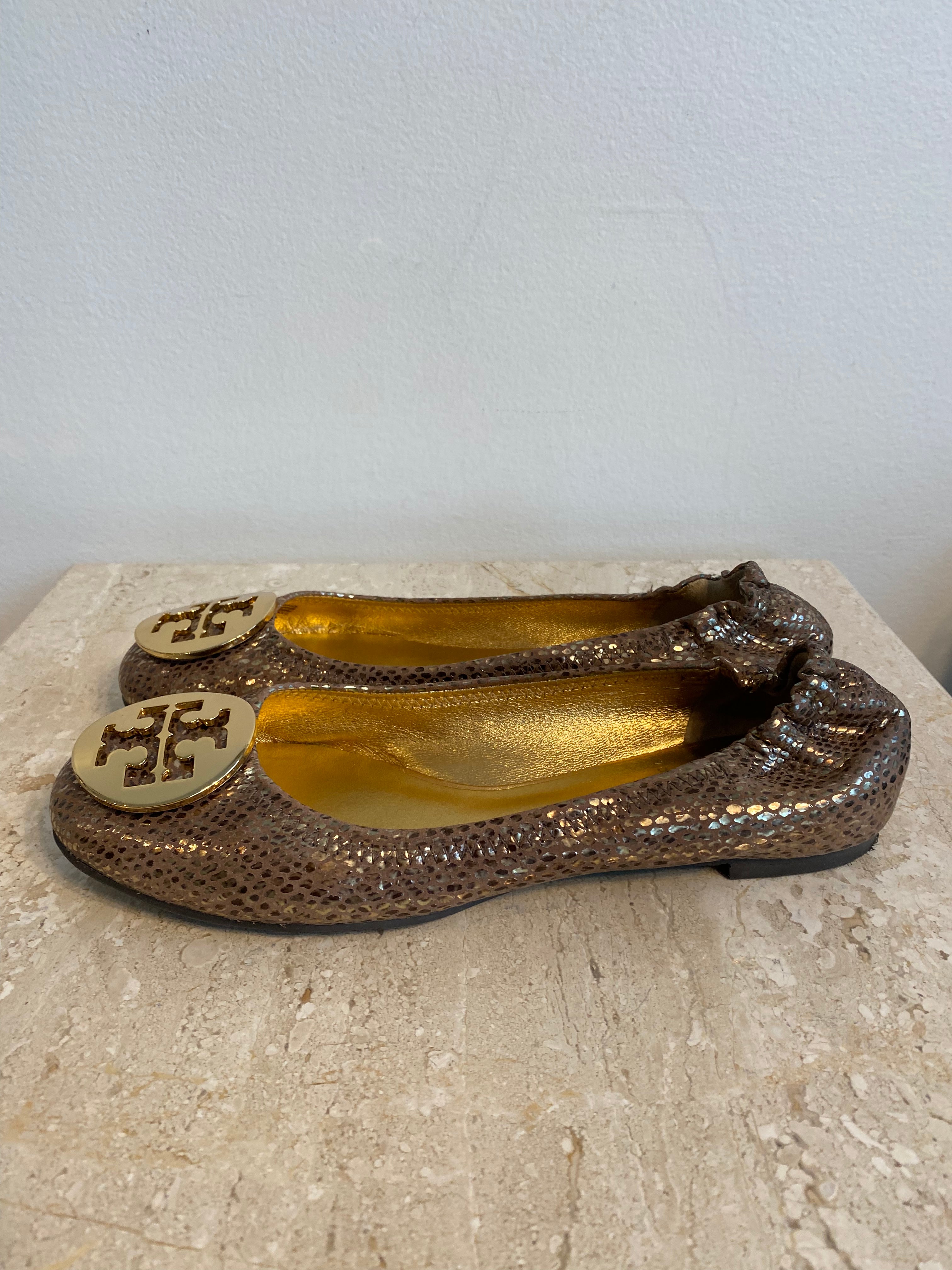 Authentic TORY BURCH Reva Plated Snake Print Ballerina Flats - Size 6 –  Valamode