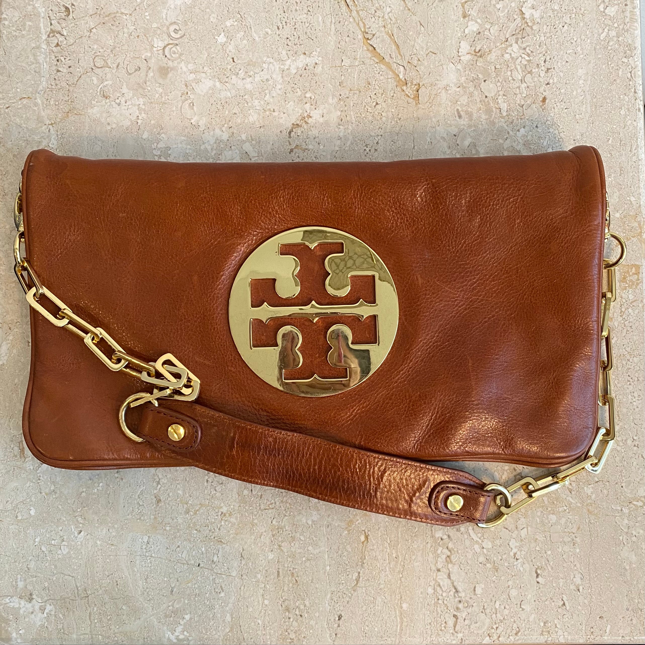 Authentic TORY BURCH Reva Brown/Cognac Clutch on Chain – Valamode