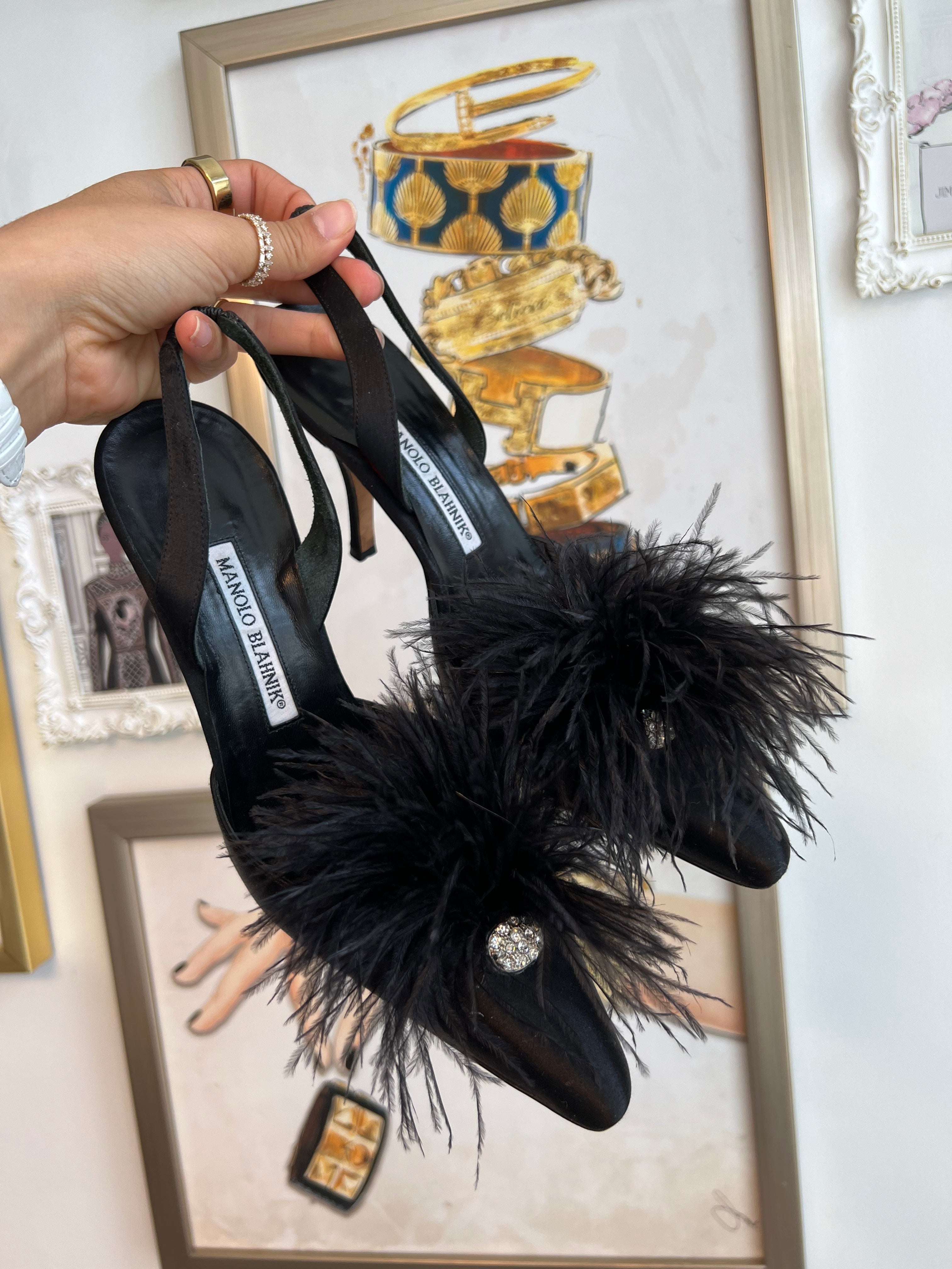 Authentic MANOLO BLAHNIK Black Peau de Soi and Feather Slingbacks