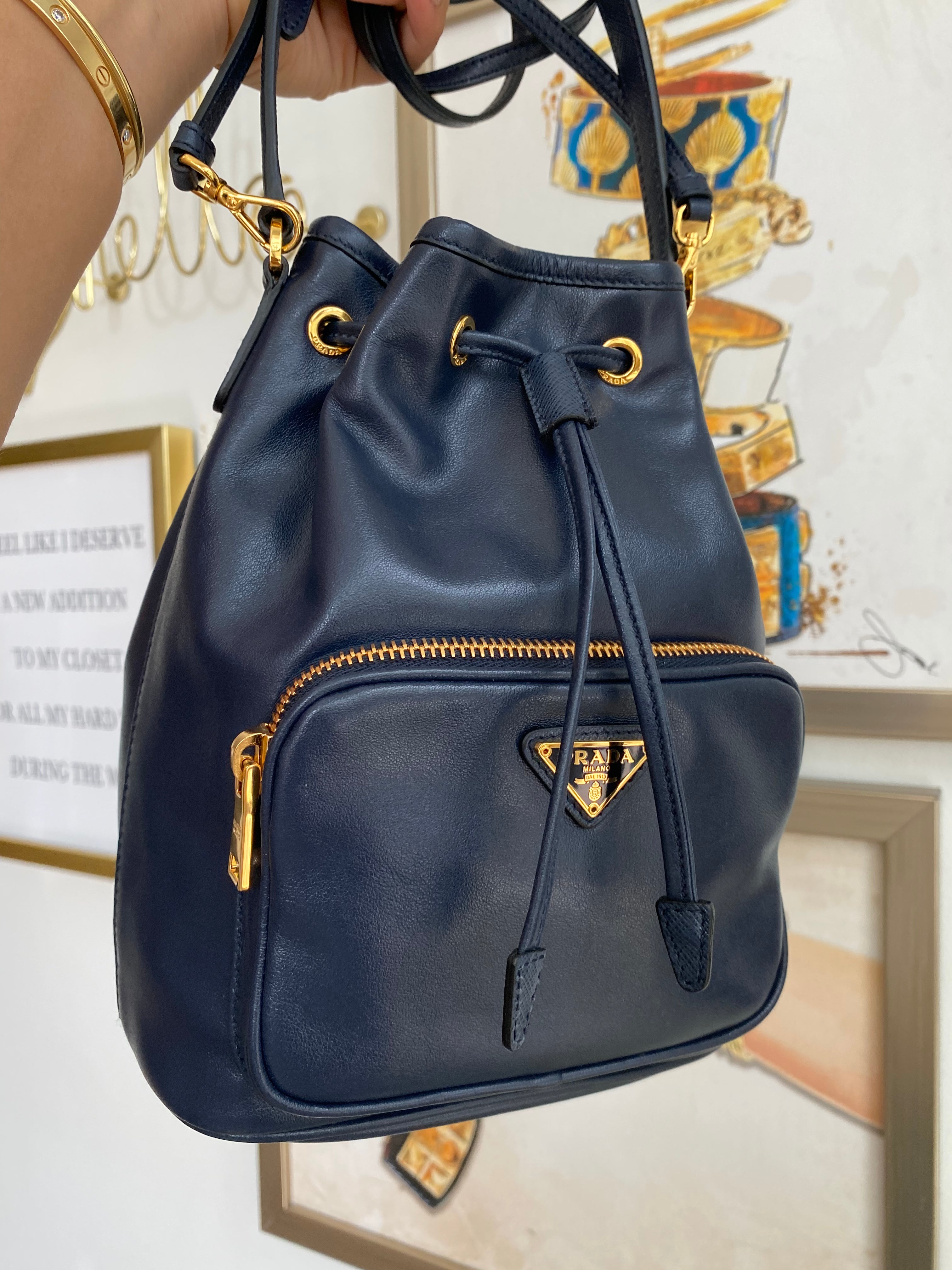 Authentic PRADA Duet Navy Leather Bucket Shoulder Bag – Valamode