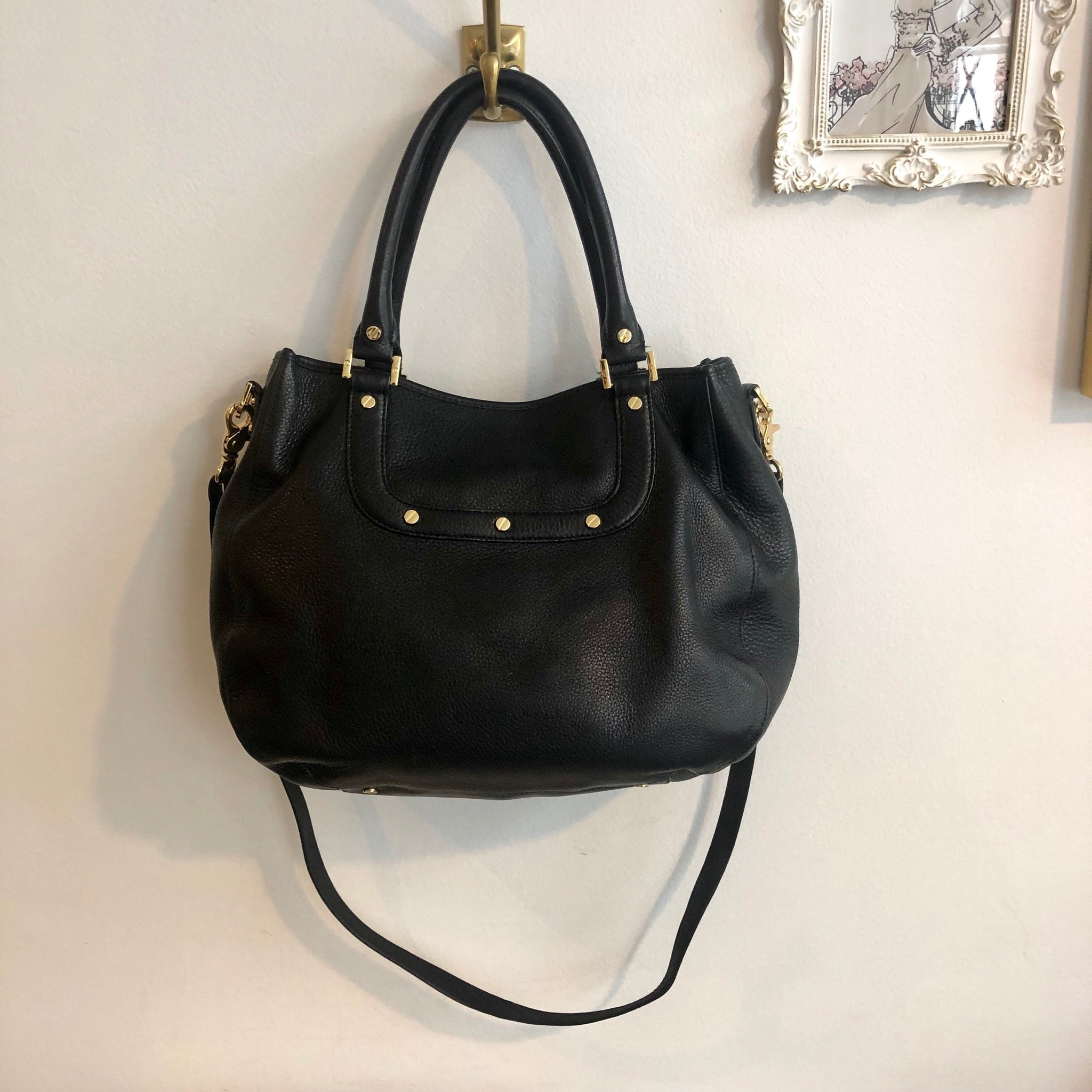 Authentic TORY BURCH Black Leather Logo Handbag With Strap – Valamode