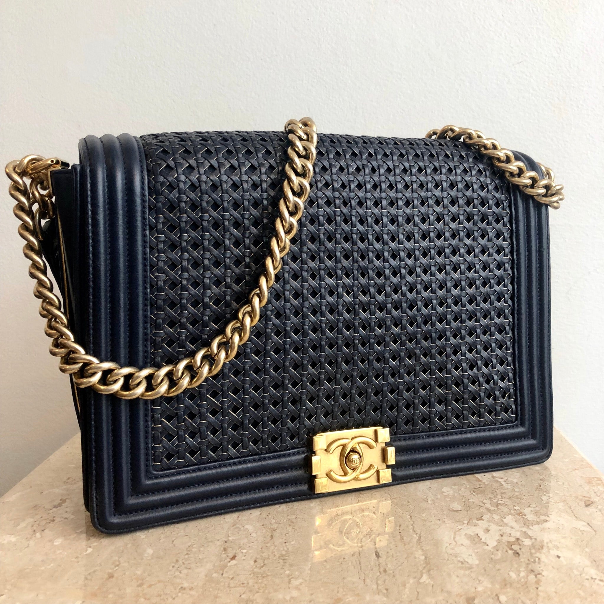 Chanel Boy Bag Navy Gold Hardware  Glam York