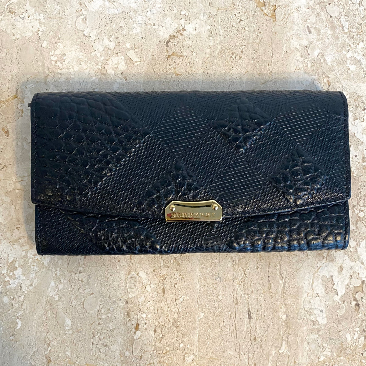 Authentic BURBERRY Black Embossed Check Leather Continental Wallet - # –  Valamode