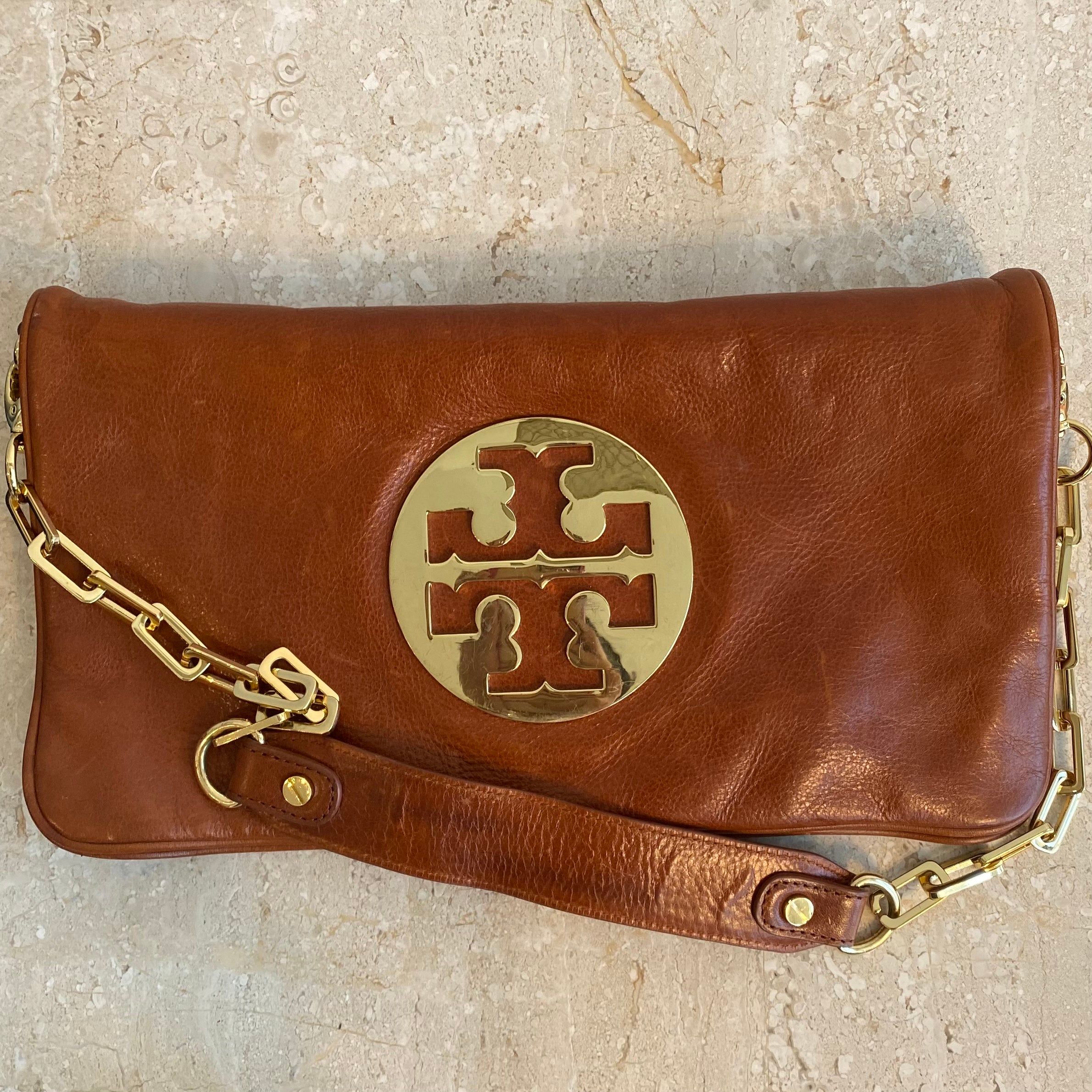 Authentic TORY BURCH Reva Brown/Cognac Clutch on Chain – Valamode