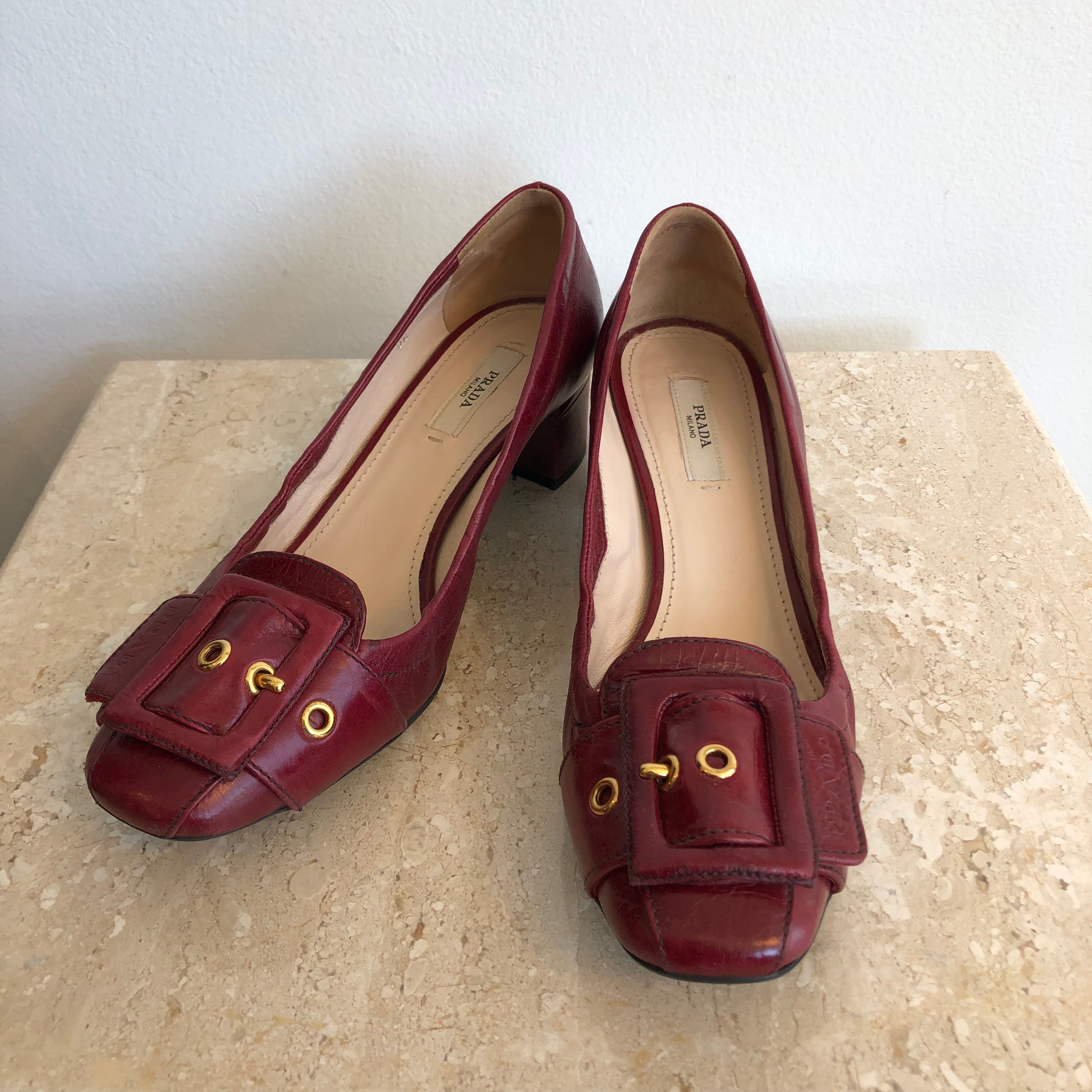 Authentic PRADA Cranberry Leather - 6 - Blocked Heel Pump – Valamode