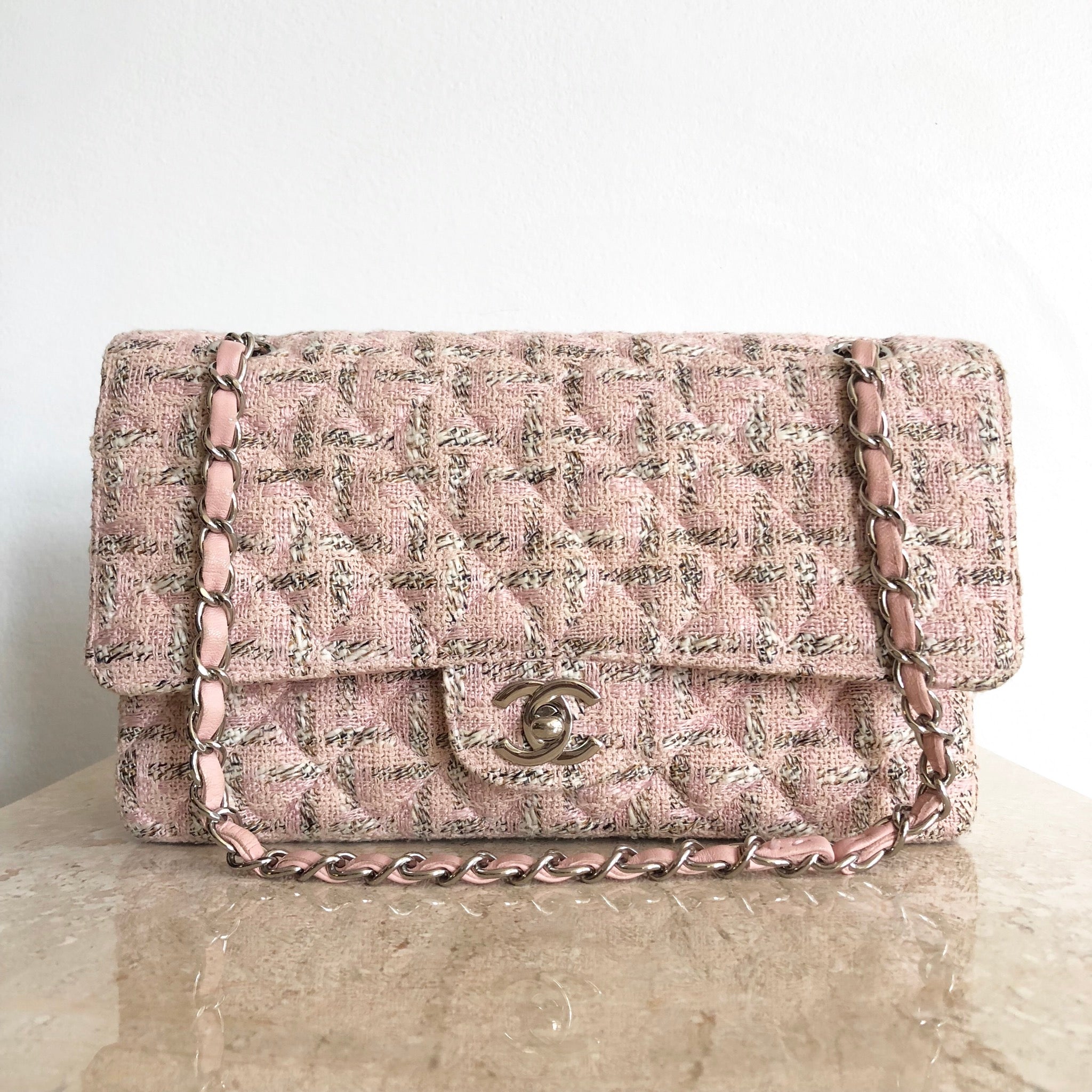 Classic Handbag  Pink White Yellow  Orange  Tweed Braid  GoldTone  Metal  Default view  see full sized version  Chanel handbags Channel  bags Chanel bag