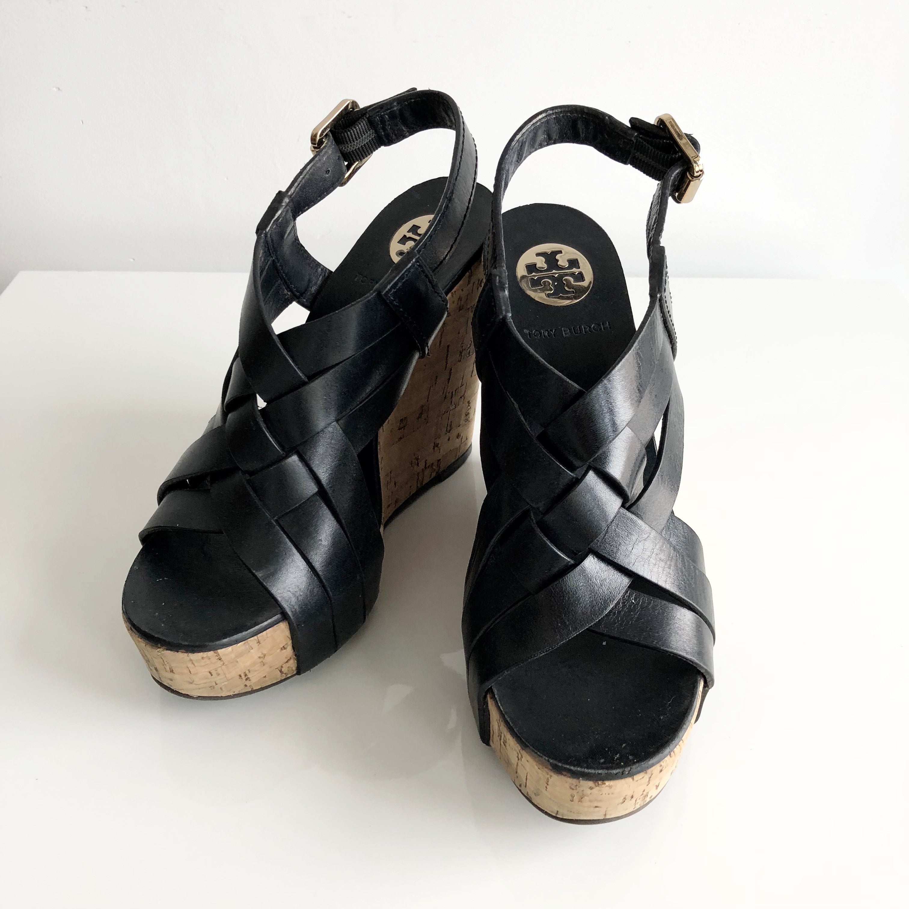 Authentic TORY BURCH Black Leather Wedges Size 7 – Valamode